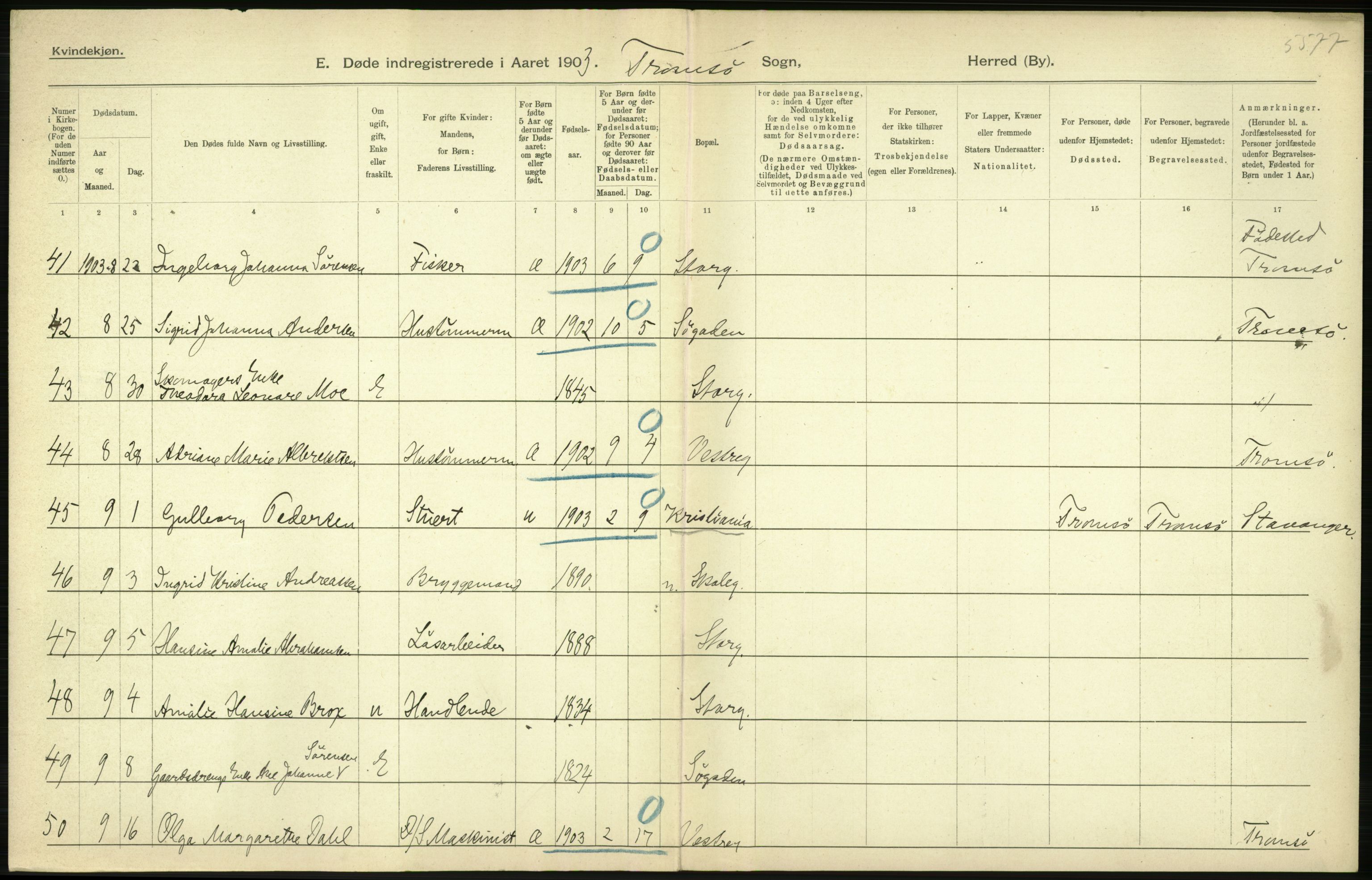 Statistisk sentralbyrå, Sosiodemografiske emner, Befolkning, AV/RA-S-2228/D/Df/Dfa/Dfaa/L0021: Tromsø amt: Fødte, gifte, døde., 1903, p. 532