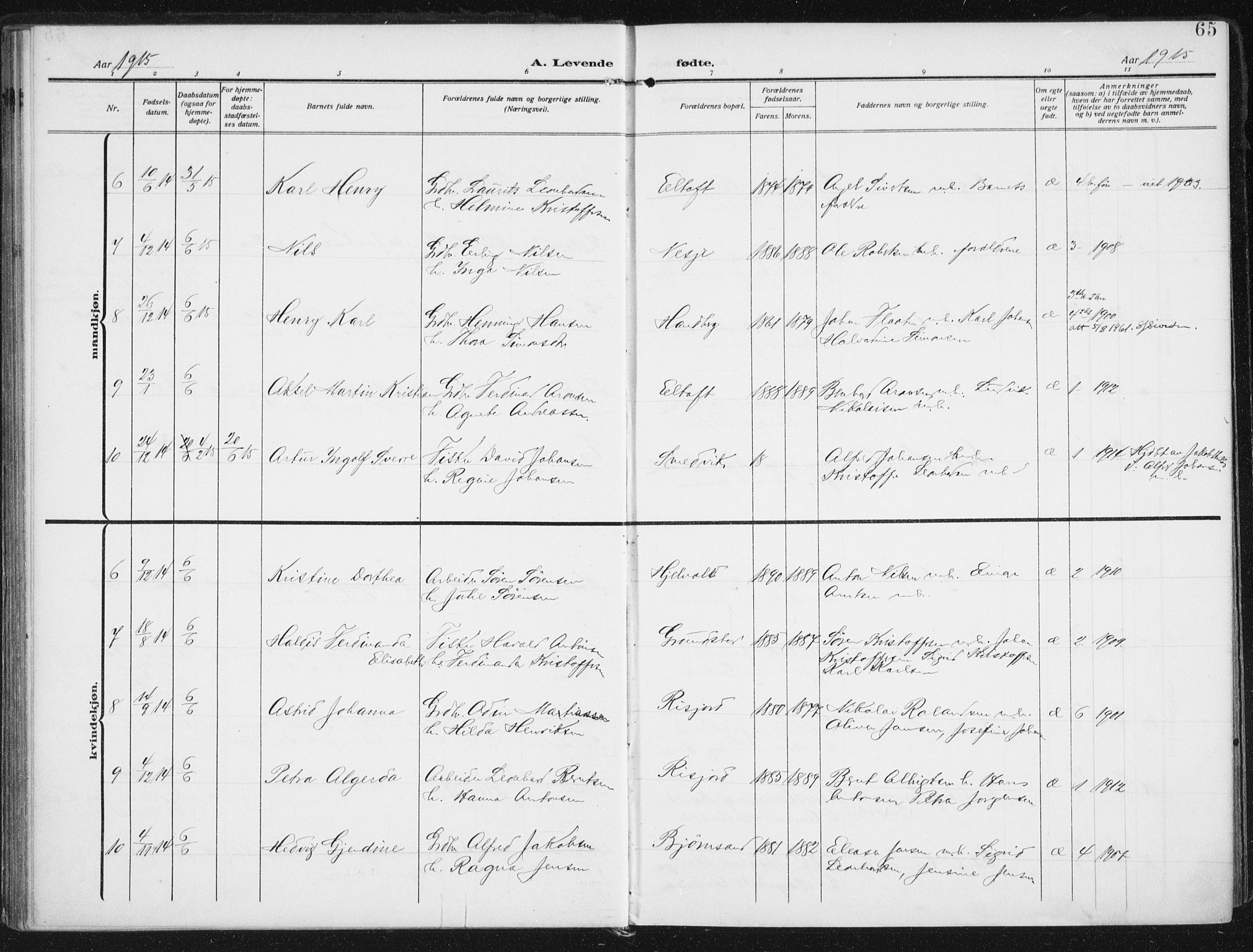 Ministerialprotokoller, klokkerbøker og fødselsregistre - Nordland, SAT/A-1459/880/L1135: Parish register (official) no. 880A09, 1908-1919, p. 65