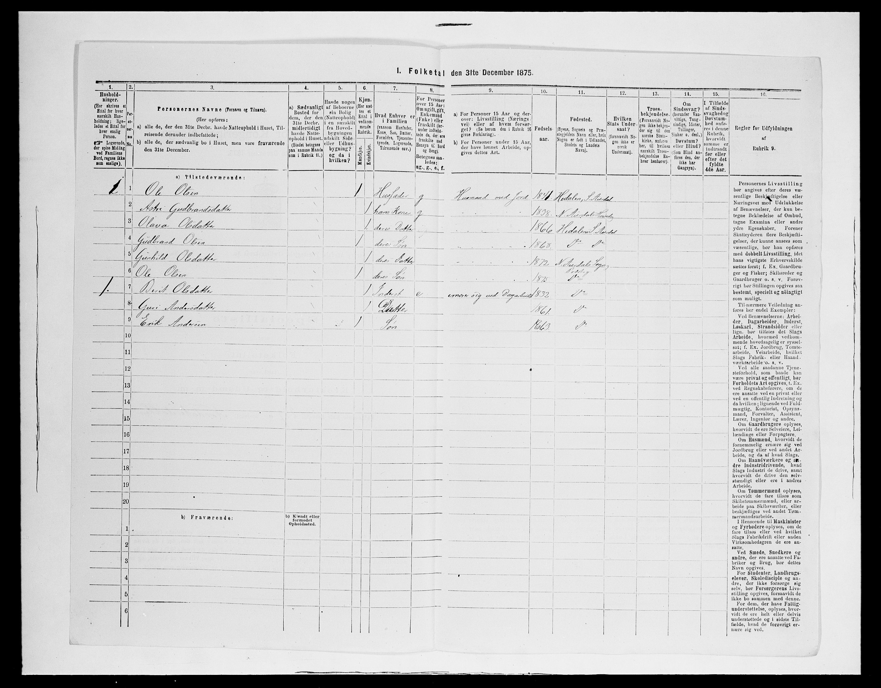 SAH, 1875 census for 0542P Nord-Aurdal, 1875, p. 1289