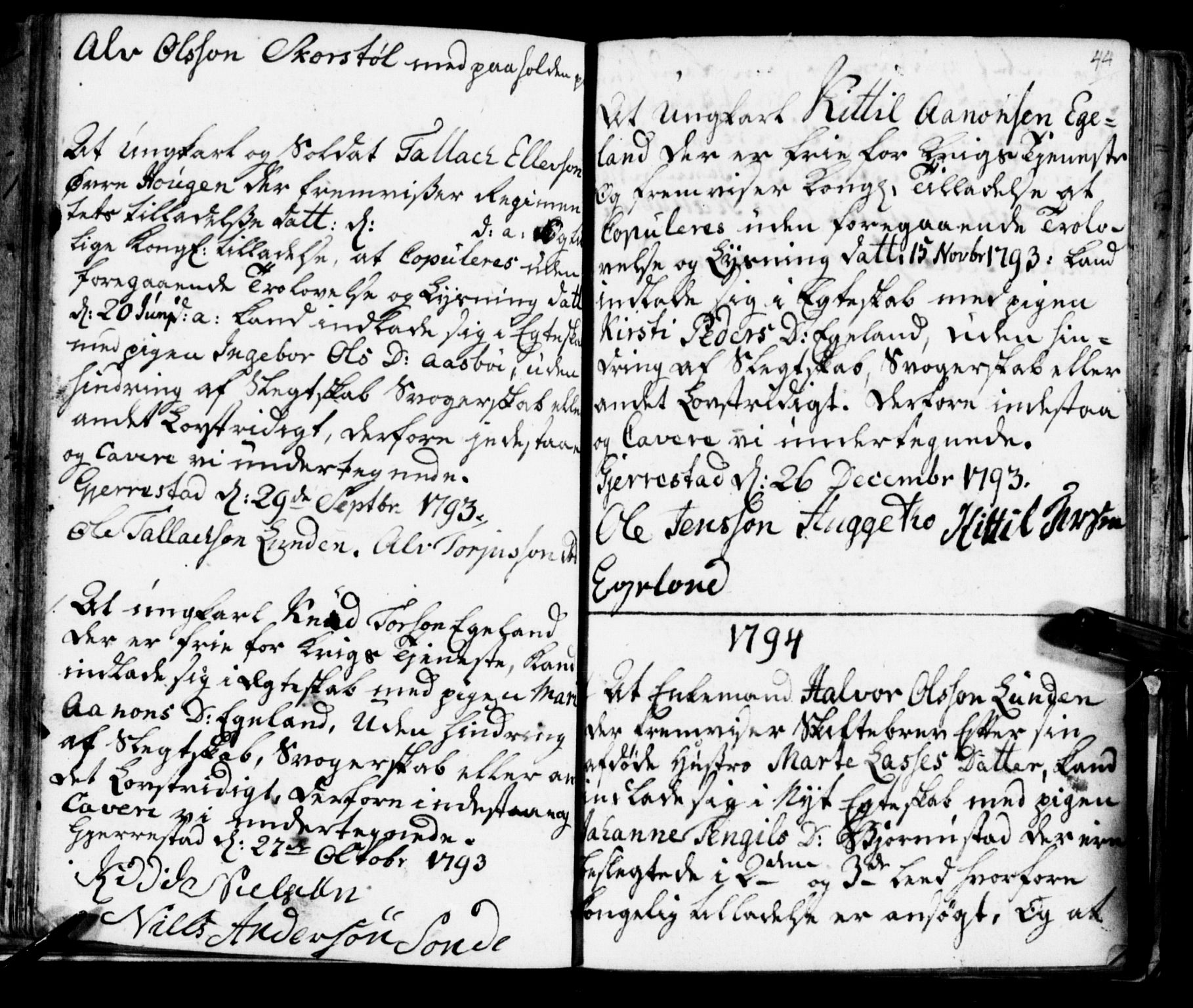 Gjerstad sokneprestkontor, AV/SAK-1111-0014/J/Jd/L0005: Best man's statements no. A VI 39, 1785-1806, p. 44