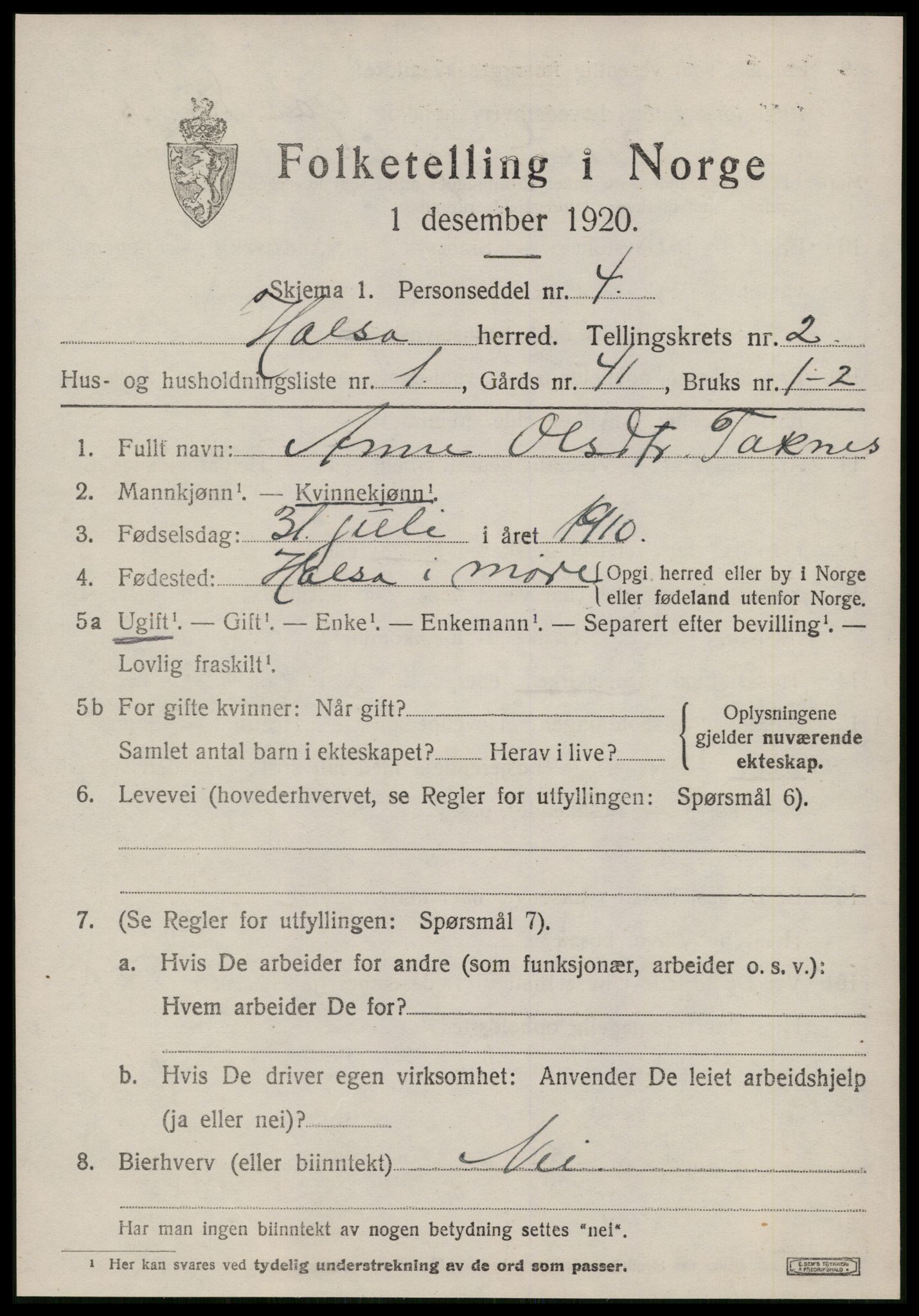 SAT, 1920 census for Halsa, 1920, p. 904