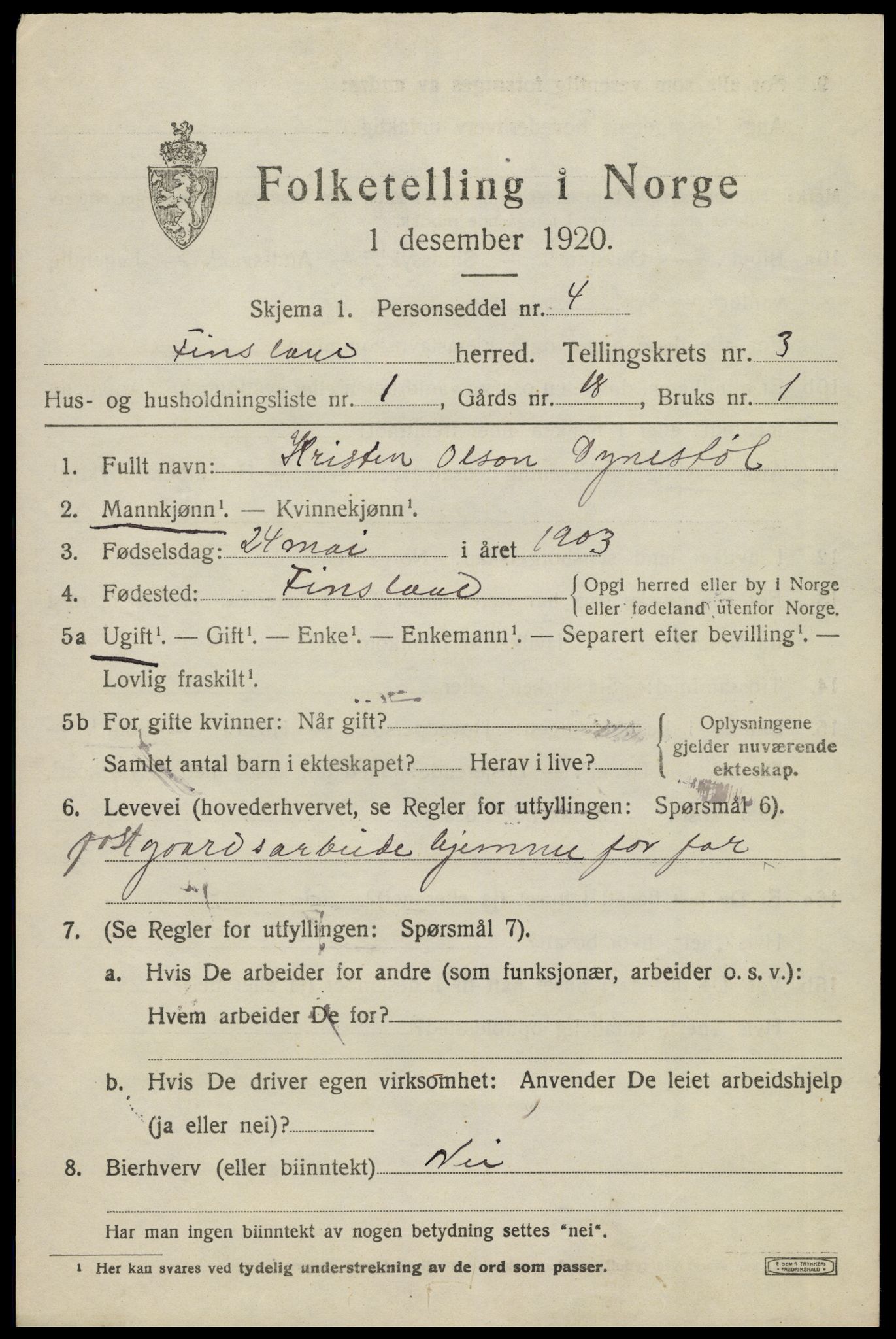 SAK, 1920 census for Finsland, 1920, p. 1188