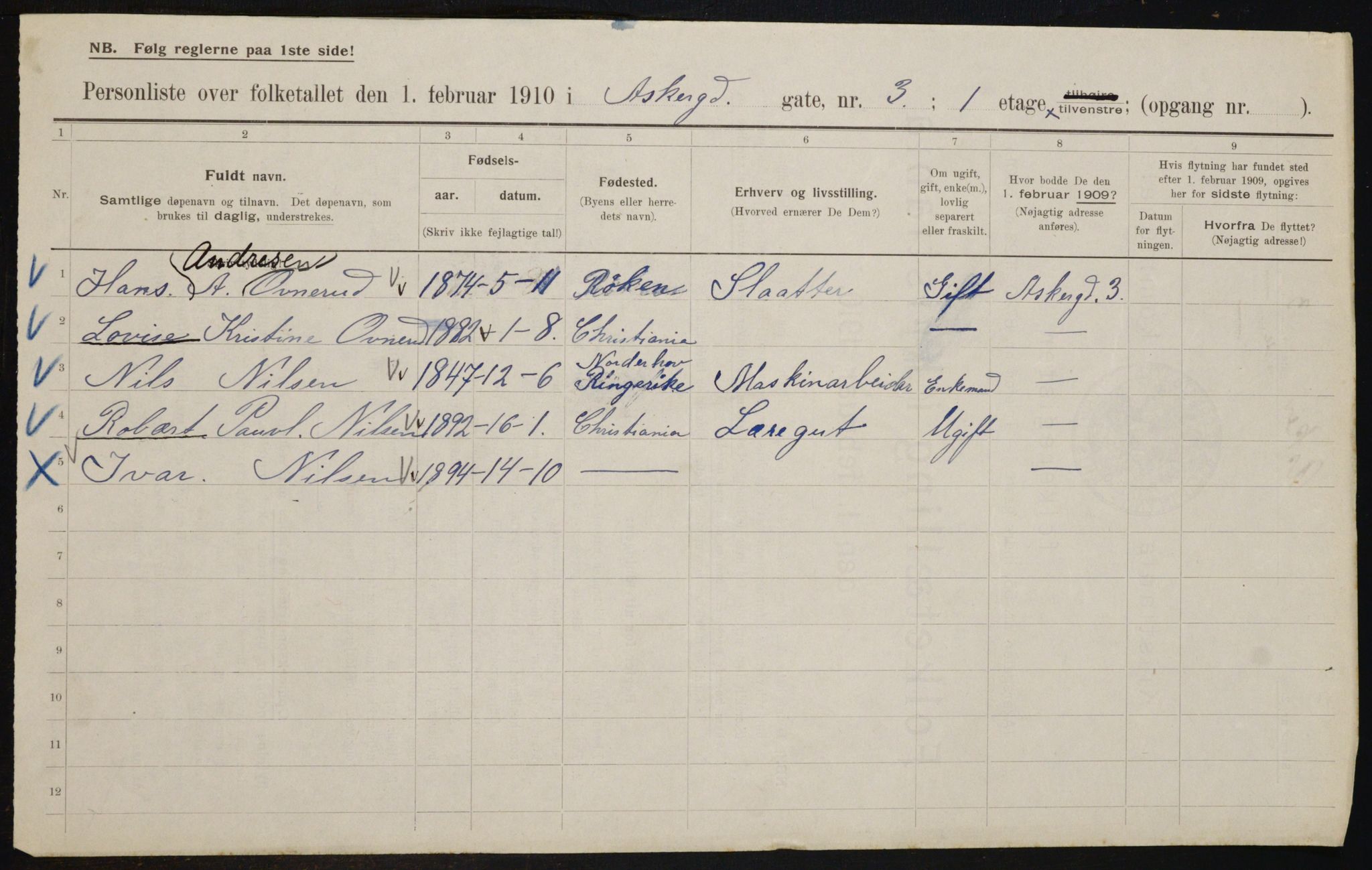 OBA, Municipal Census 1910 for Kristiania, 1910, p. 2335