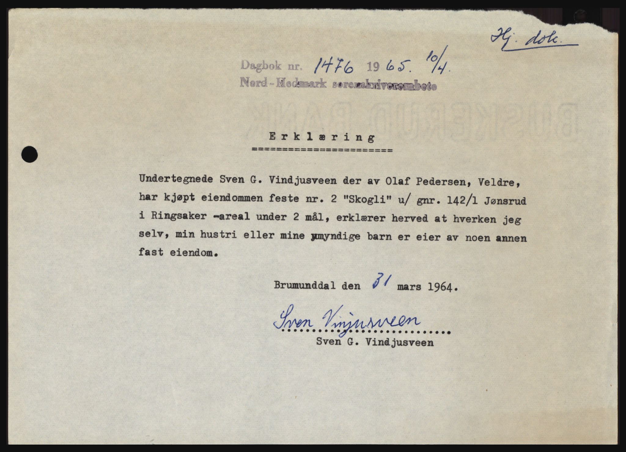 Nord-Hedmark sorenskriveri, SAH/TING-012/H/Hc/L0021: Mortgage book no. 21, 1964-1965, Diary no: : 1476/1965