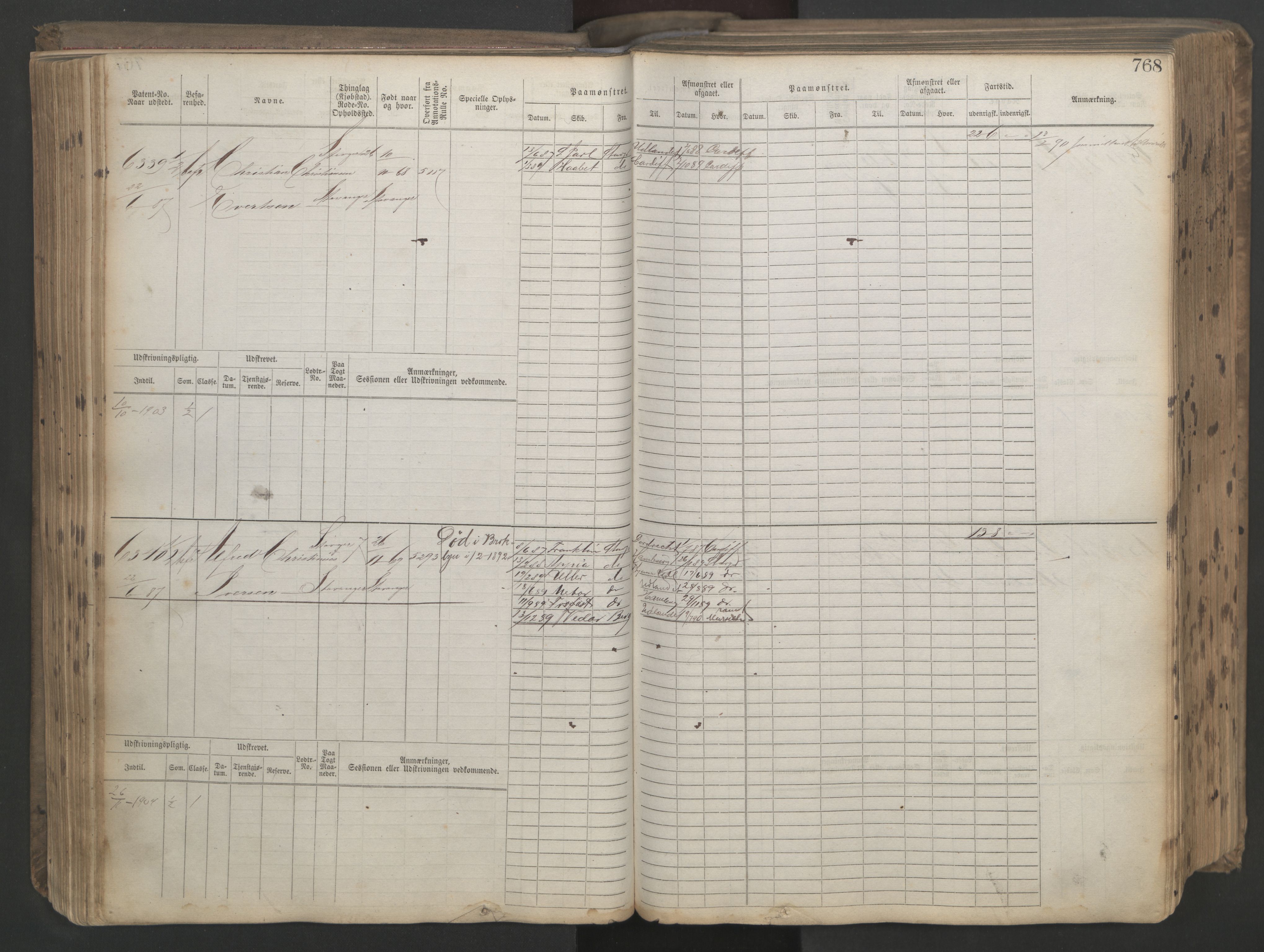 Stavanger sjømannskontor, AV/SAST-A-102006/F/Fb/Fbb/L0021: Sjøfartshovedrulle patnentnr. 6005-7204 (dublett), 1887, p. 172