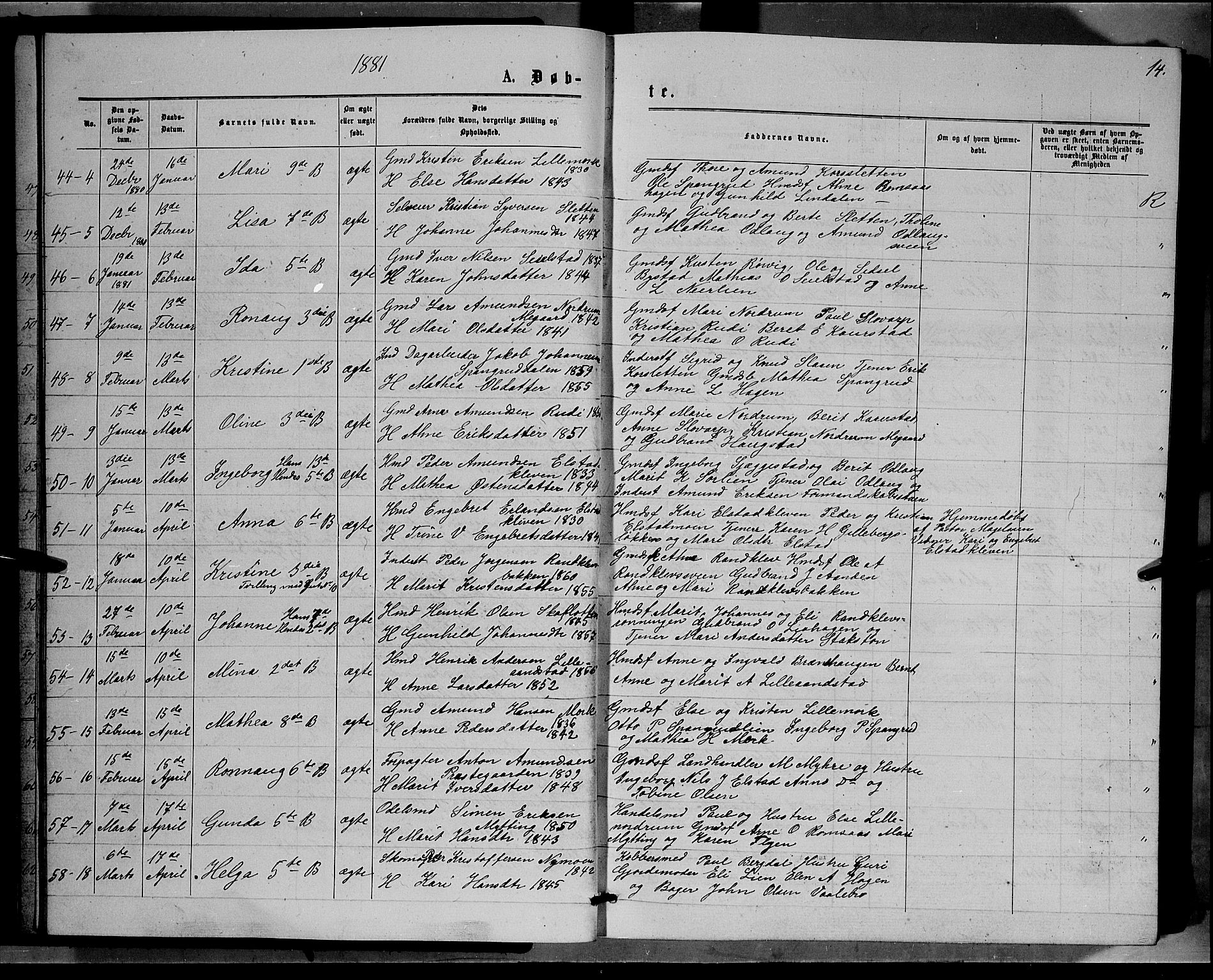 Ringebu prestekontor, AV/SAH-PREST-082/H/Ha/Hab/L0006: Parish register (copy) no. 6, 1880-1898, p. 14