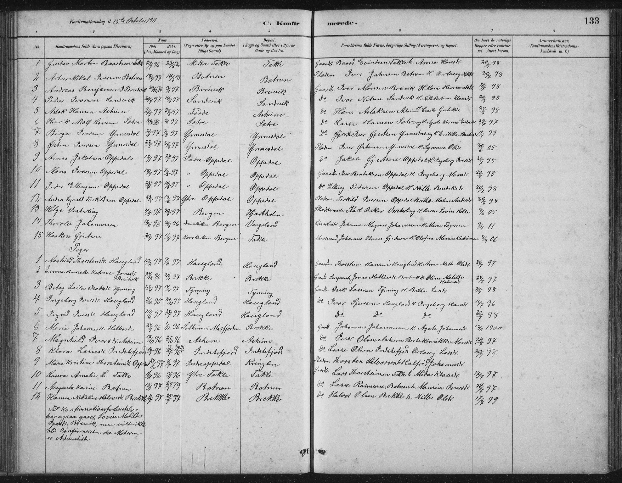 Gulen sokneprestembete, SAB/A-80201/H/Hab/Habc/L0002: Parish register (copy) no. C 2, 1880-1938, p. 133