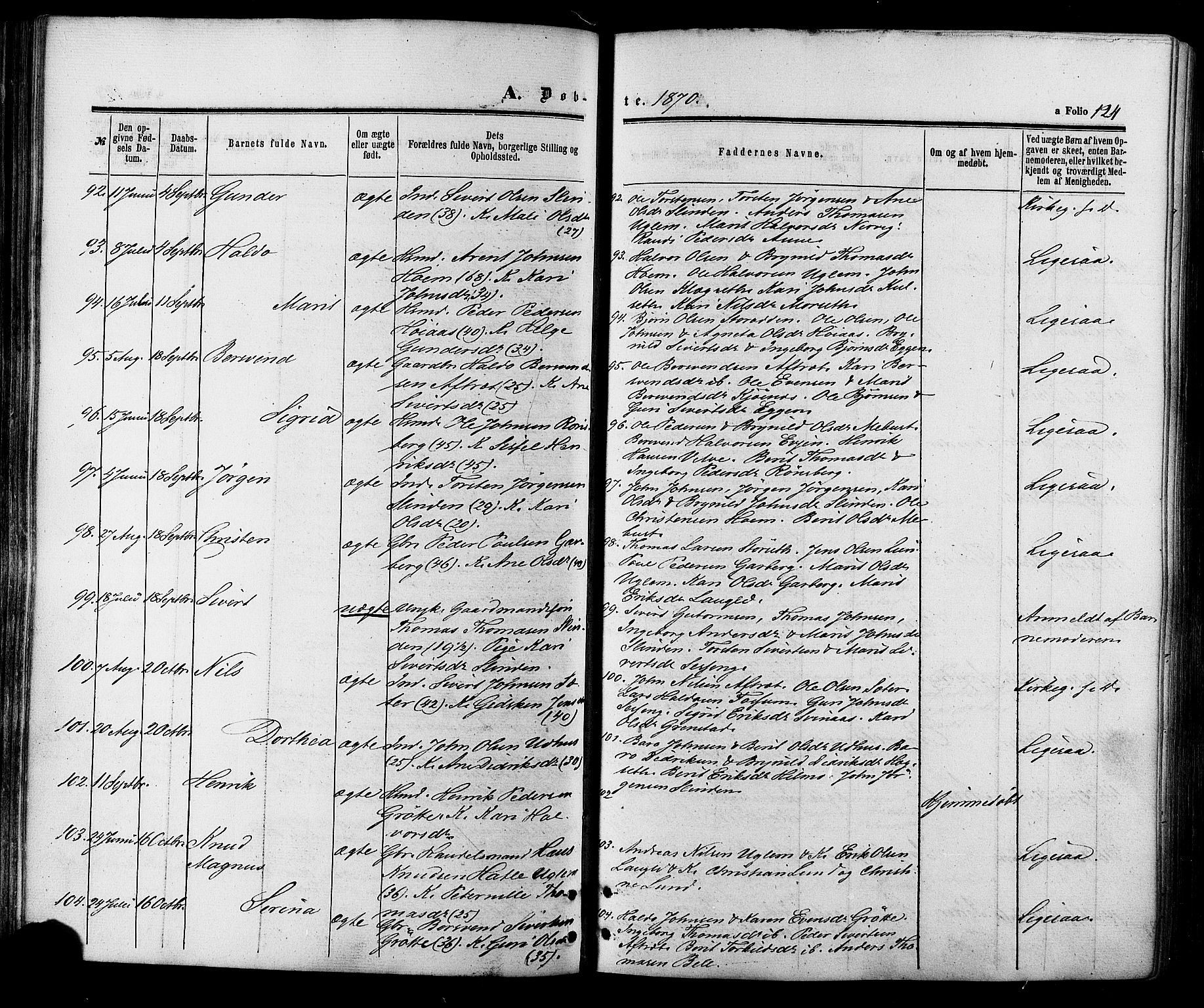 Ministerialprotokoller, klokkerbøker og fødselsregistre - Sør-Trøndelag, AV/SAT-A-1456/695/L1147: Parish register (official) no. 695A07, 1860-1877, p. 124