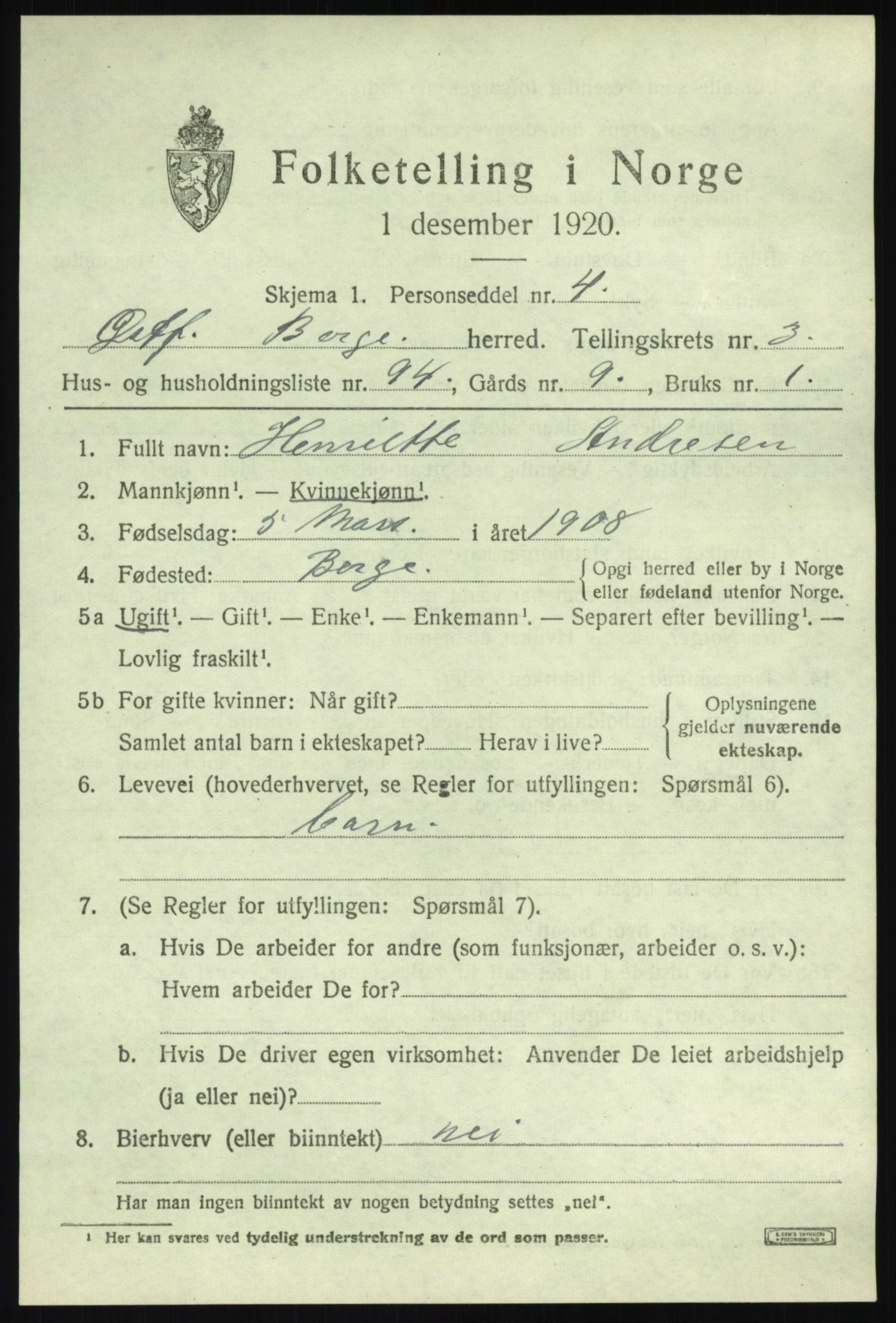 SAO, 1920 census for Borge, 1920, p. 4939