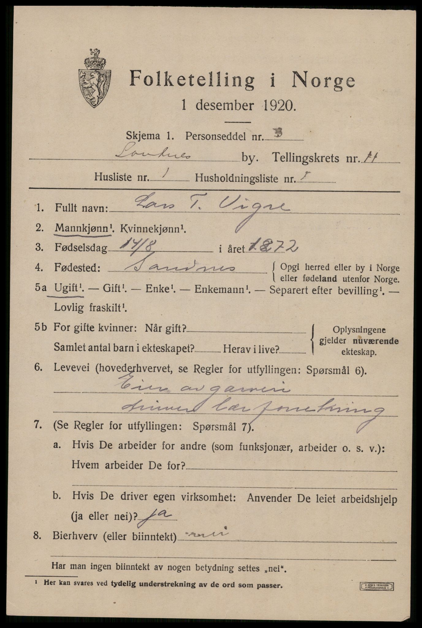 SAST, 1920 census for Sandnes, 1920, p. 7230