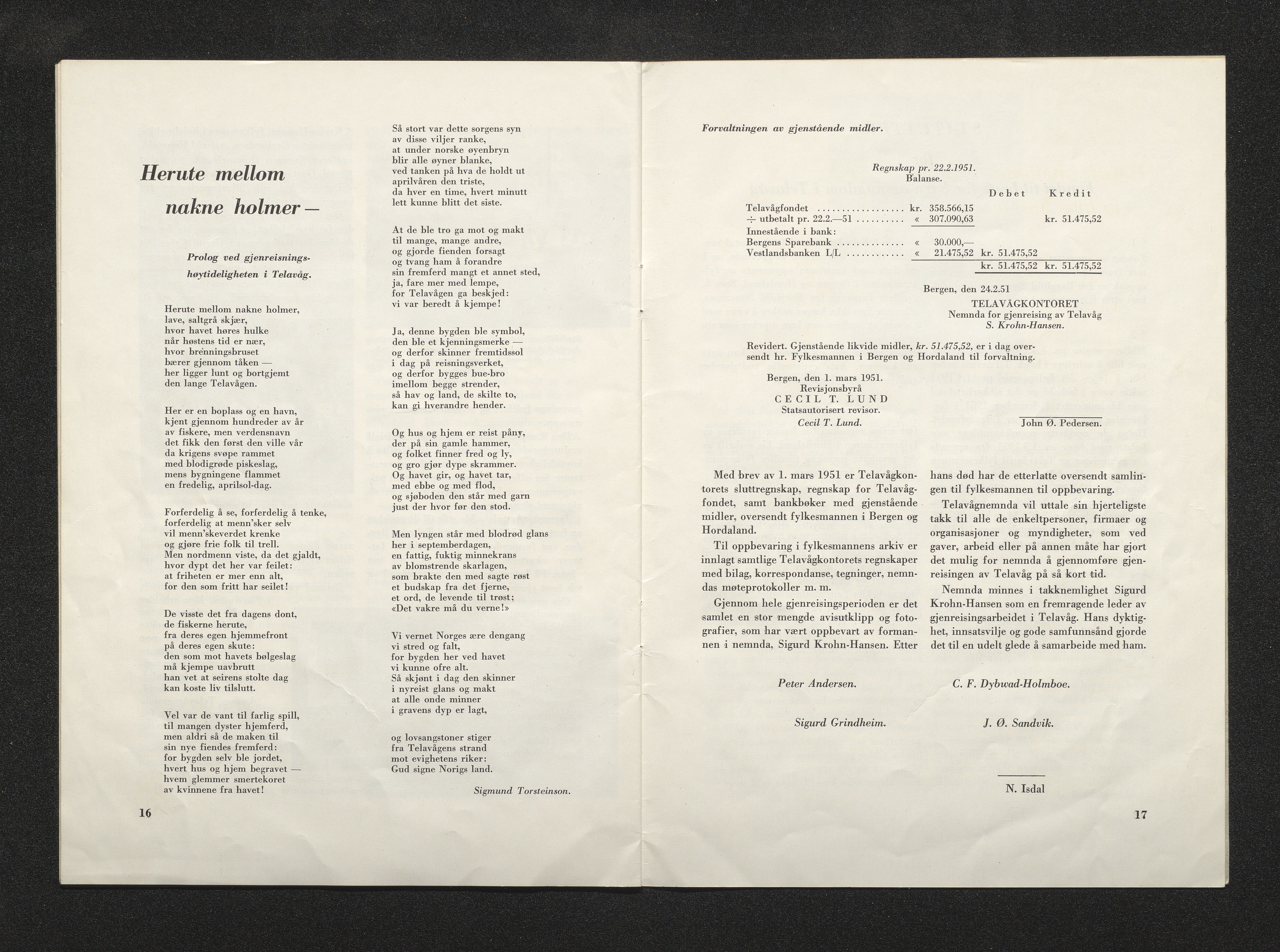 Sund kommune. Skulestyret, IKAH/1245-211/Ø/L0001/0002: Ymse trykksaker / Beretning om gjenreisningsarbeidet i Telavåg 1945 - 1949., 1952
