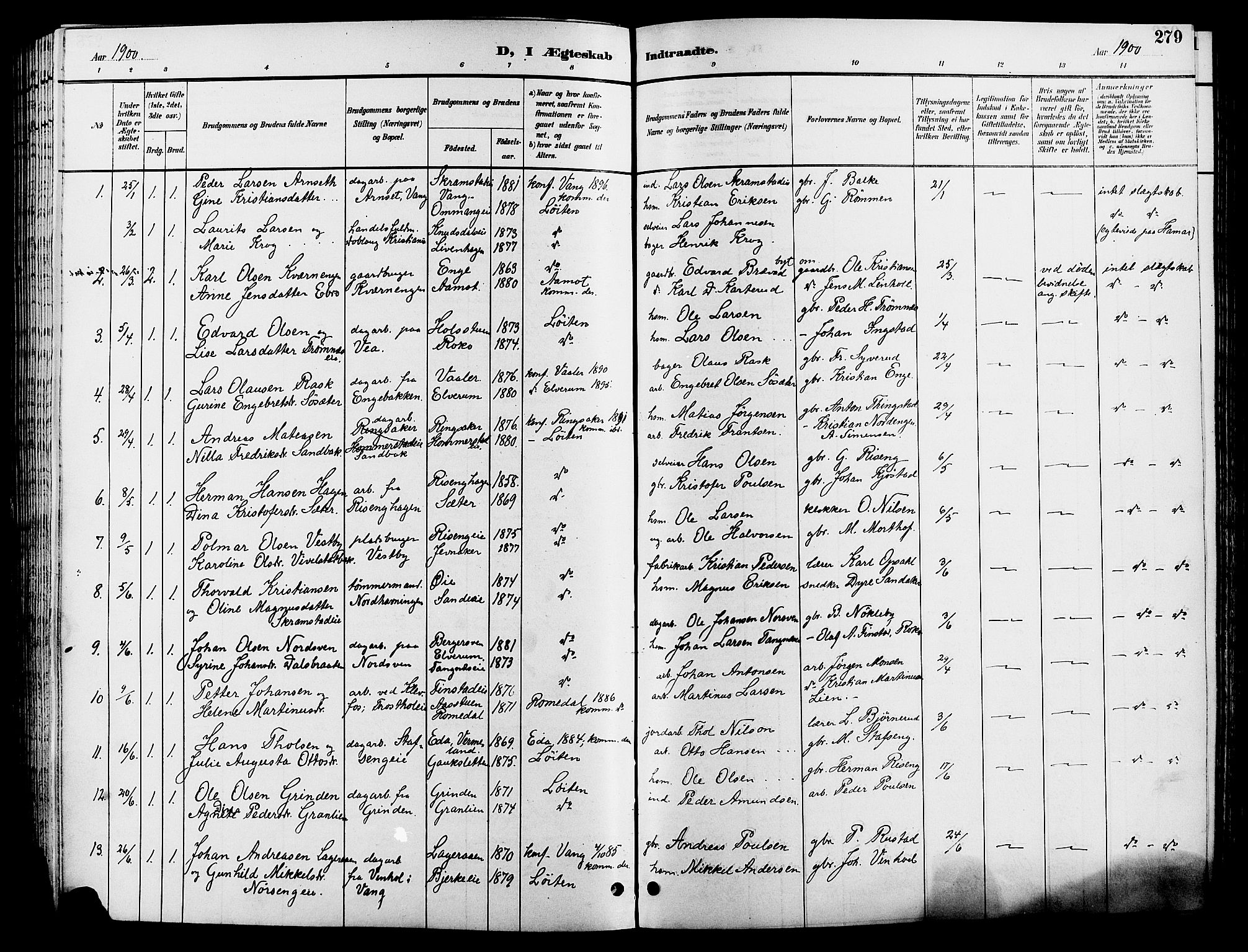 Løten prestekontor, SAH/PREST-022/L/La/L0006: Parish register (copy) no. 6, 1892-1909, p. 279