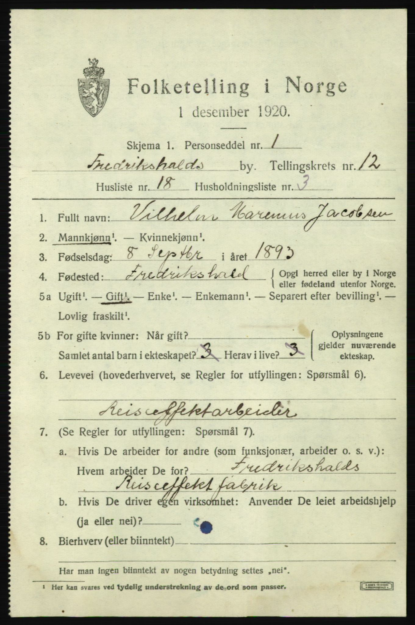 SAO, 1920 census for Fredrikshald, 1920, p. 20263