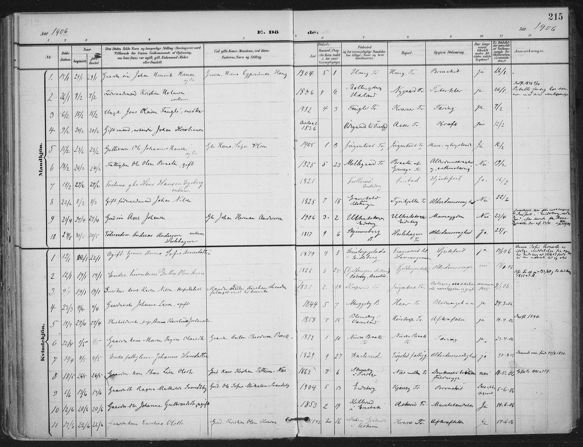 Trøgstad prestekontor Kirkebøker, AV/SAO-A-10925/F/Fa/L0011: Parish register (official) no. I 11, 1899-1919, p. 215