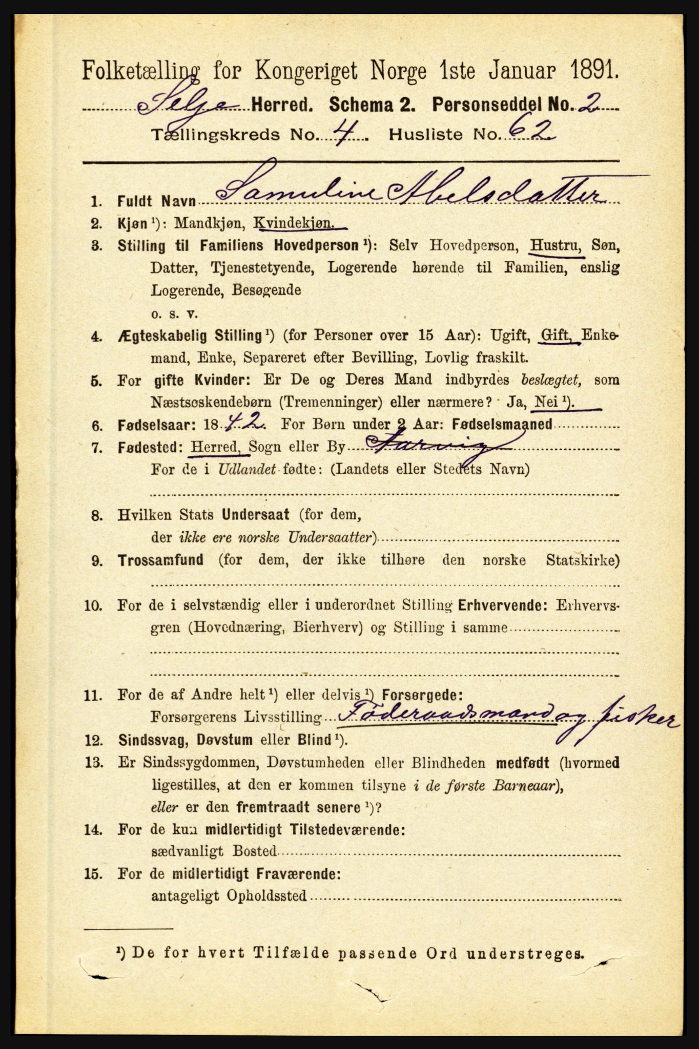 RA, 1891 census for 1441 Selje, 1891, p. 1347