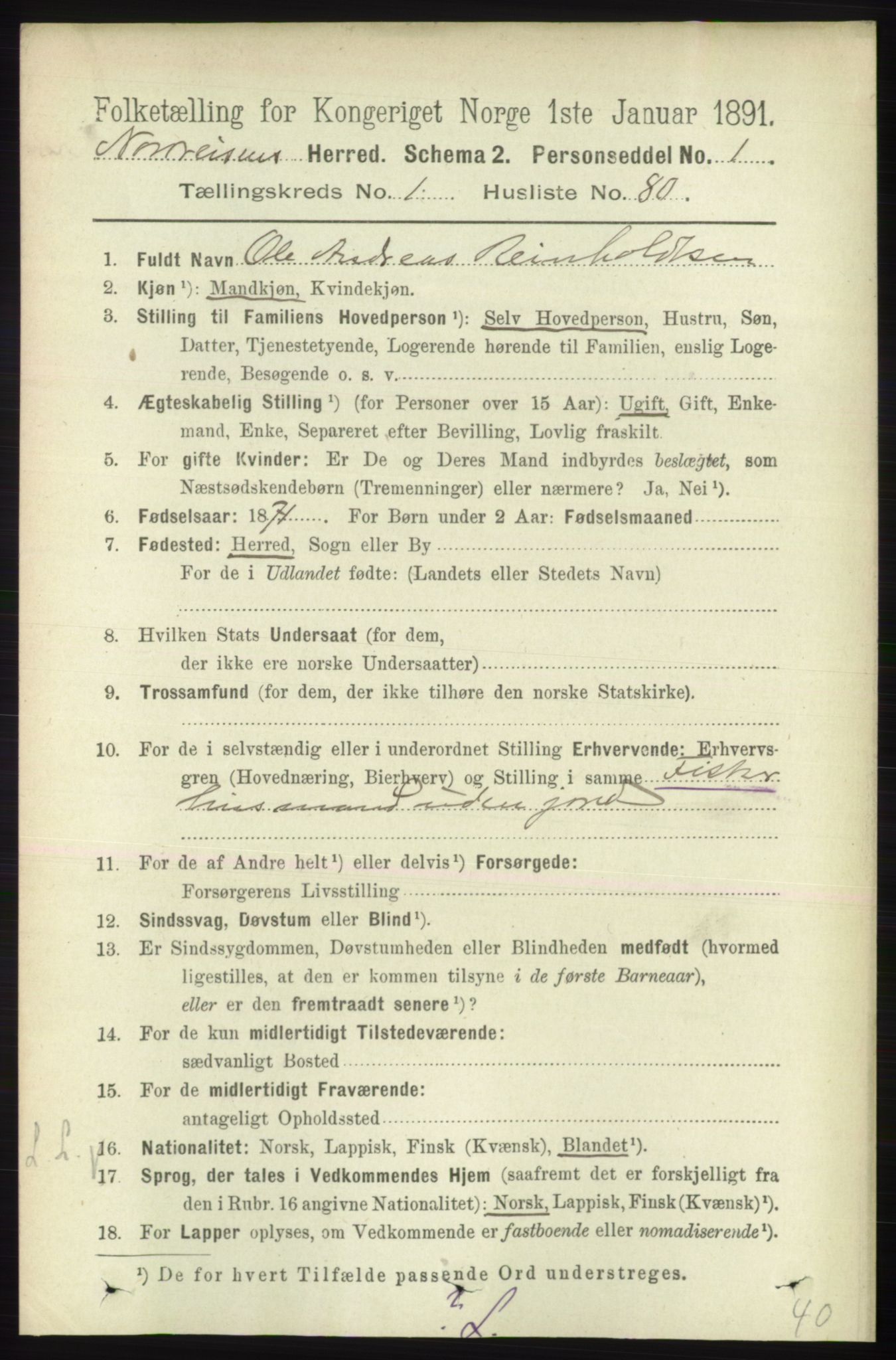 RA, 1891 census for 1942 Nordreisa, 1891, p. 610