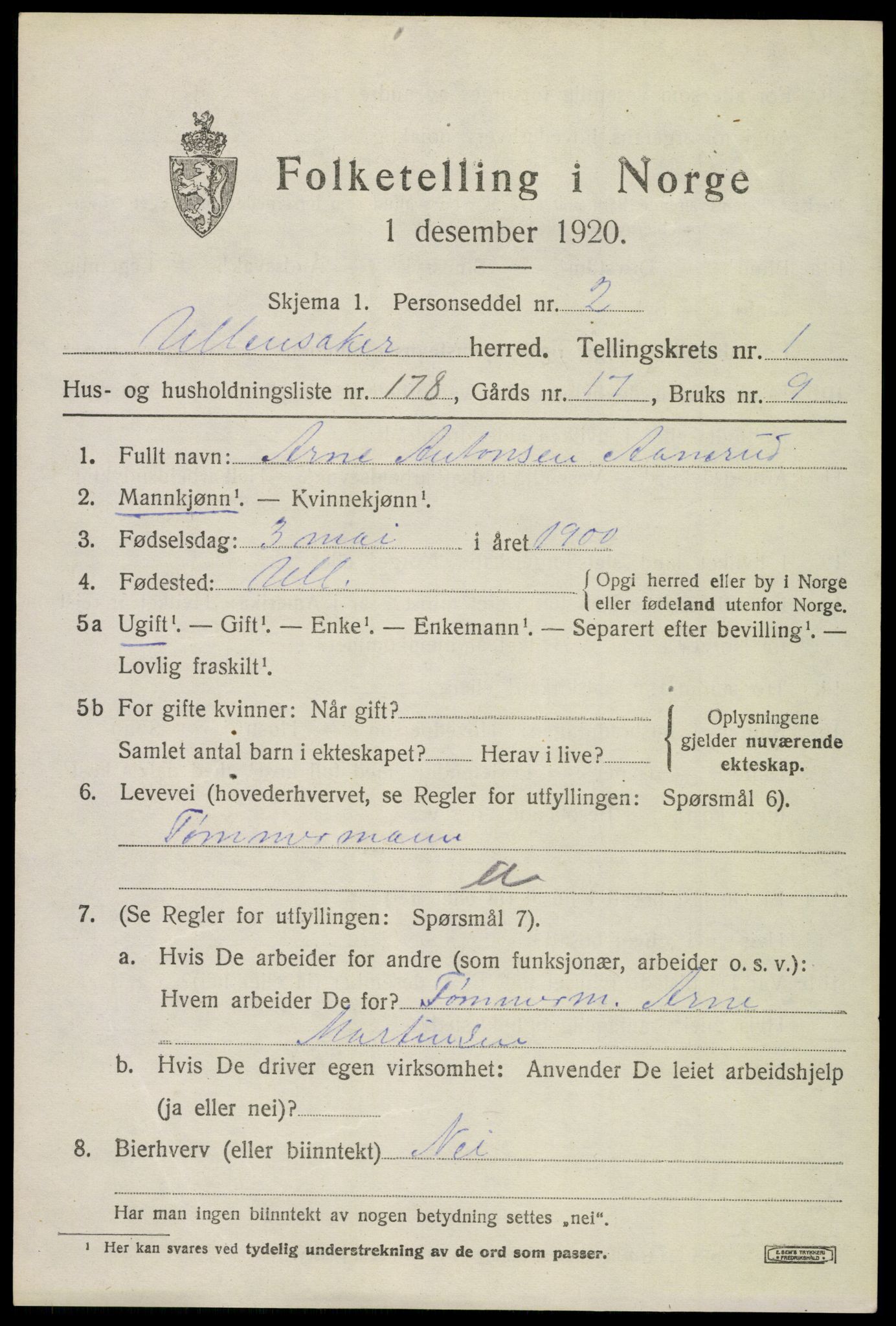 SAO, 1920 census for Ullensaker, 1920, p. 4655