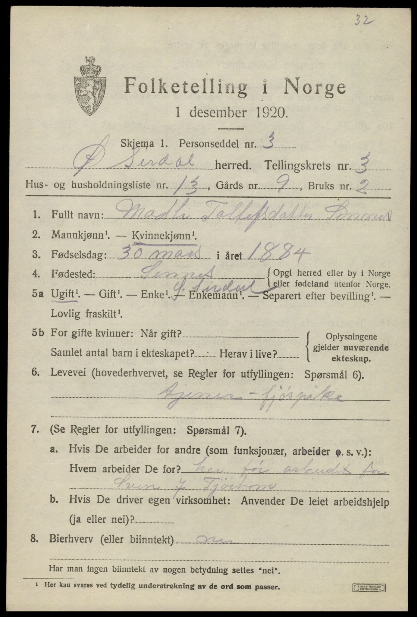 SAK, 1920 census for Øvre Sirdal, 1920, p. 713