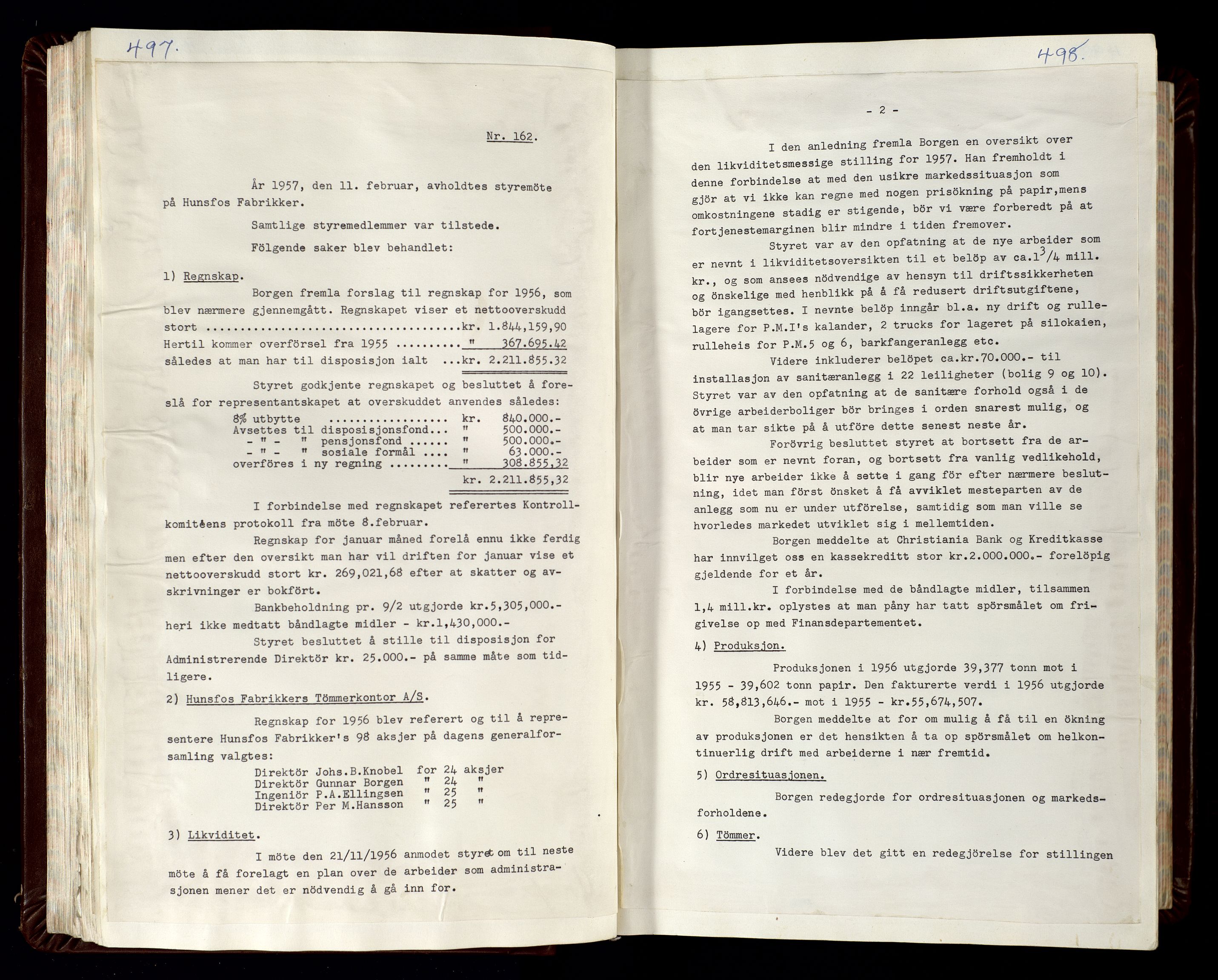 Hunsfos fabrikker, SAK/D/1440/02/L0007: Referatprotokoll fra styremøter (møte nr 114-221), 1951-1964, p. 497-498