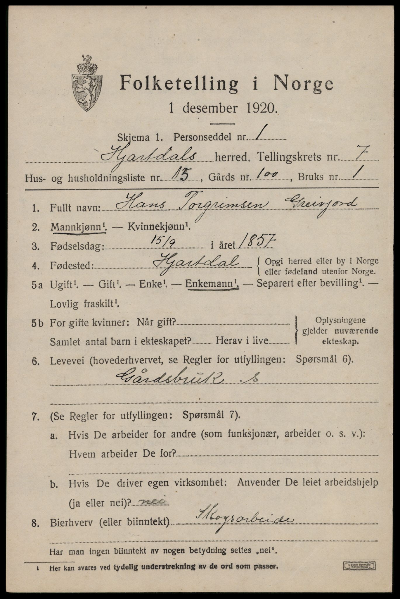 SAKO, 1920 census for Hjartdal, 1920, p. 4762
