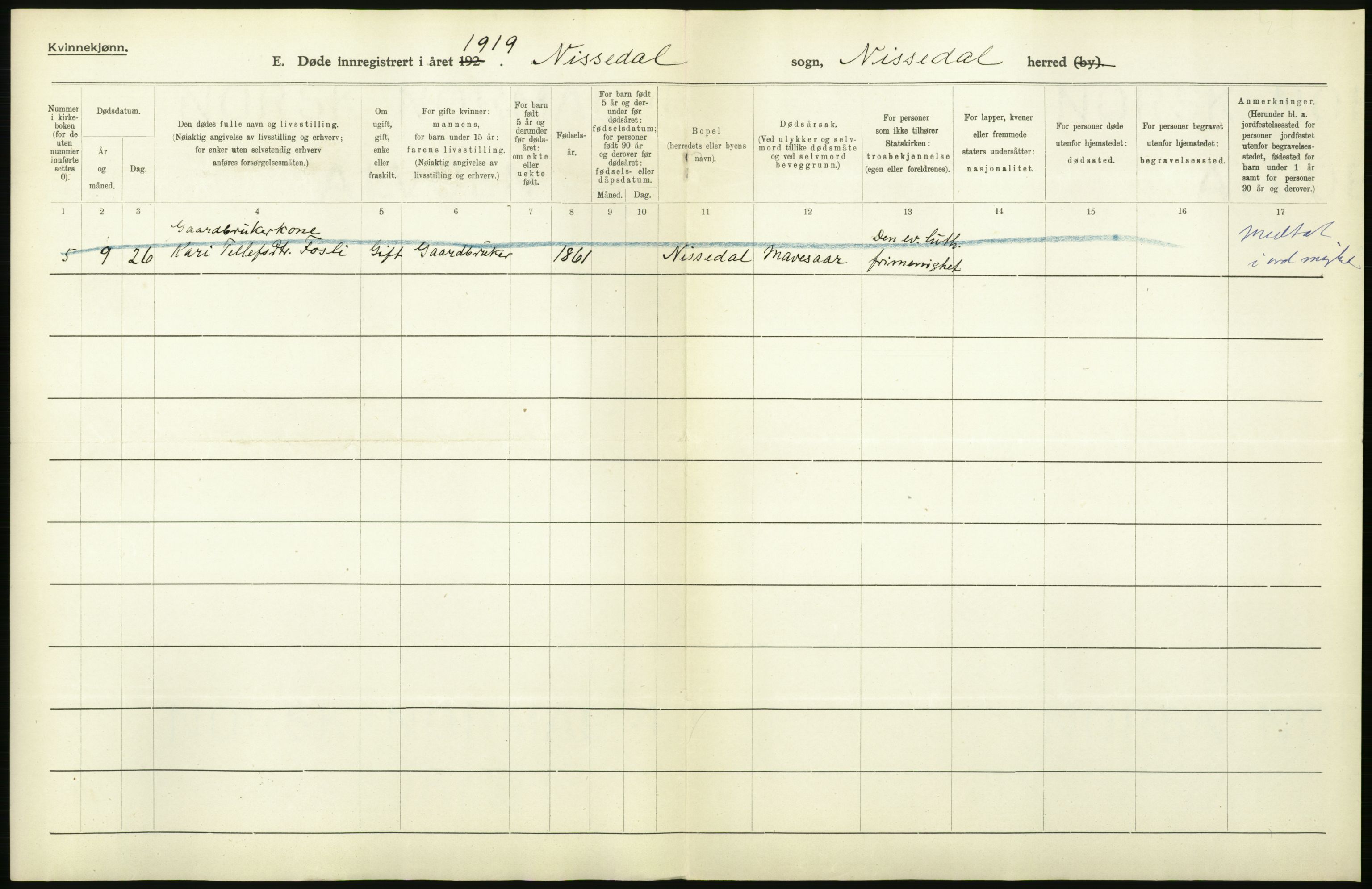 Statistisk sentralbyrå, Sosiodemografiske emner, Befolkning, AV/RA-S-2228/D/Df/Dfb/Dfbi/L0023: Telemark fylke: Døde. Bygder og byer., 1919, p. 328