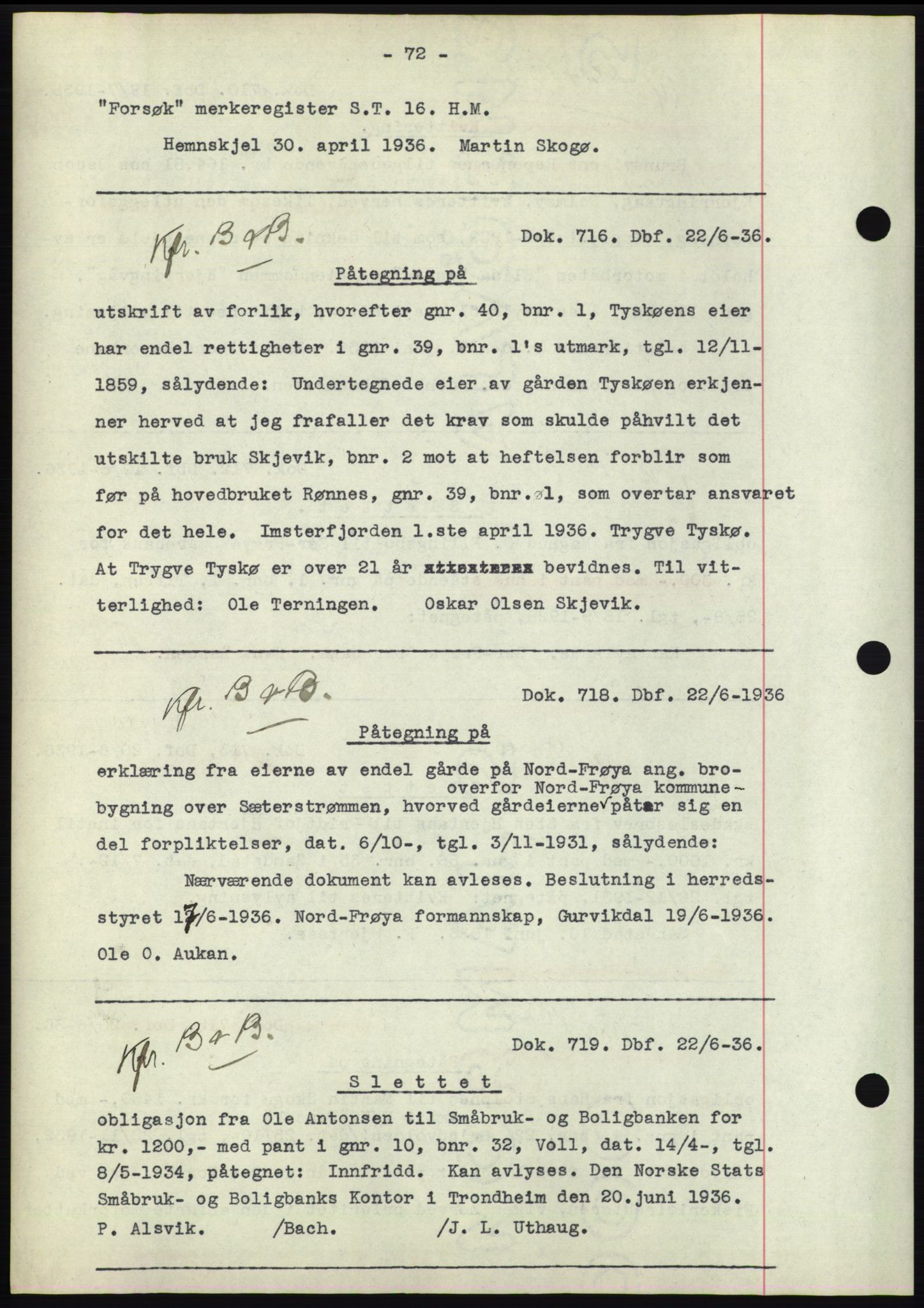 Hitra sorenskriveri, AV/SAT-A-0018/2/2C/2Ca: Mortgage book no. C1, 1936-1945, Diary no: : 716/1936