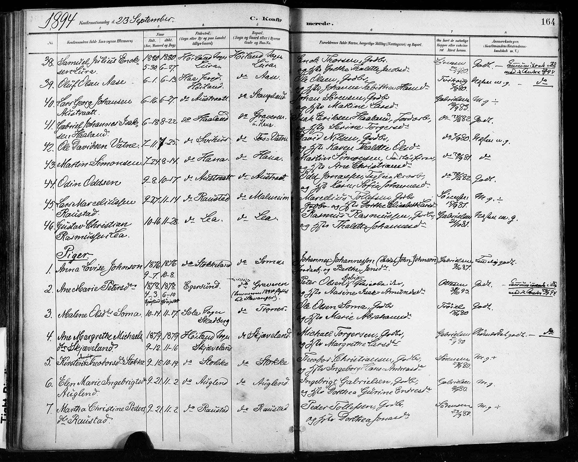 Høyland sokneprestkontor, SAST/A-101799/001/30BA/L0013: Parish register (official) no. A 13.1, 1889-1898, p. 164