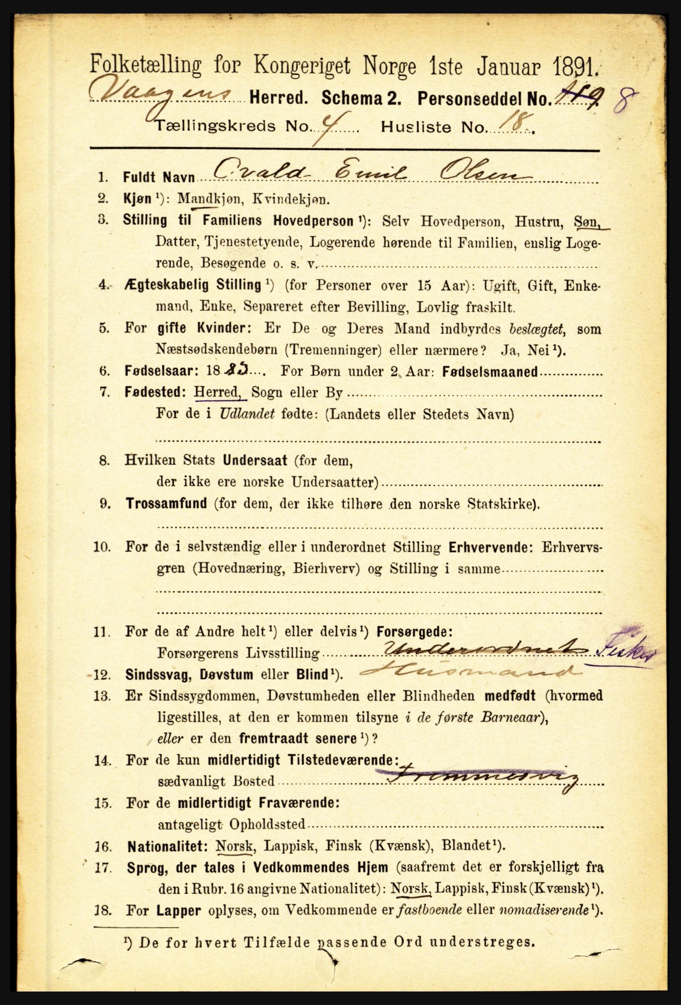 RA, 1891 census for 1865 Vågan, 1891, p. 1055