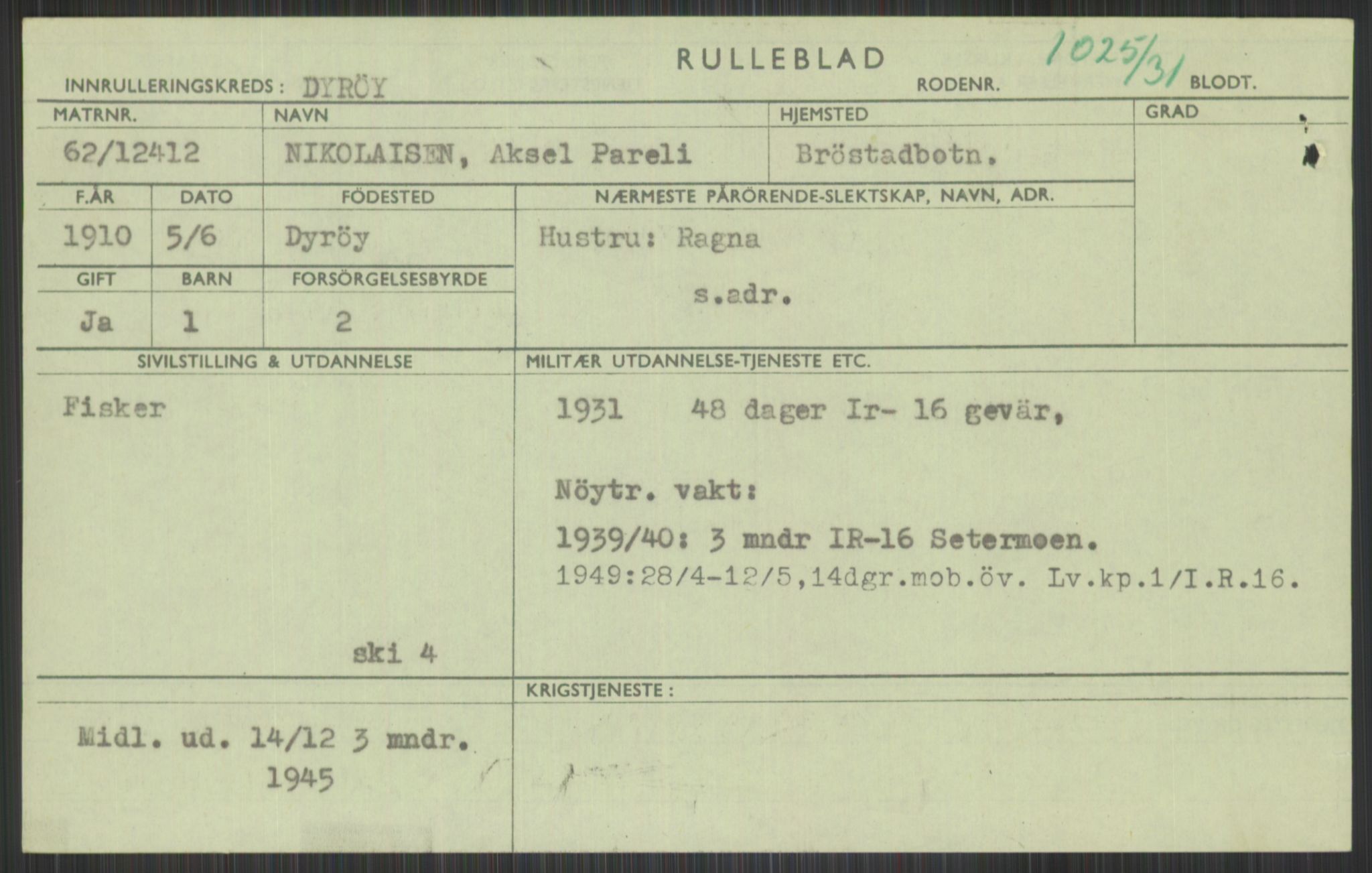 Forsvaret, Troms infanteriregiment nr. 16, AV/RA-RAFA-3146/P/Pa/L0015: Rulleblad for regimentets menige mannskaper, årsklasse 1931, 1931, p. 813