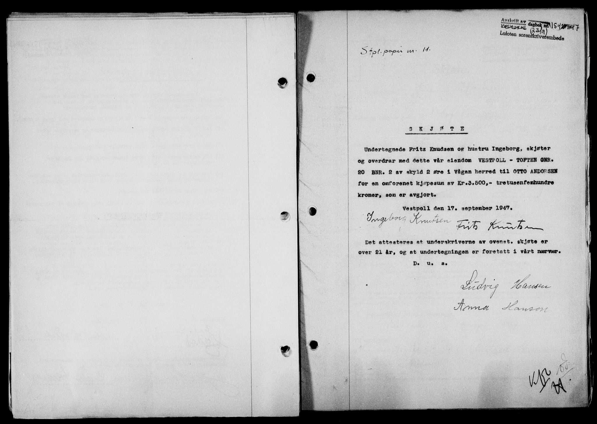Lofoten sorenskriveri, SAT/A-0017/1/2/2C/L0016a: Mortgage book no. 16a, 1947-1947, Diary no: : 1542/1947