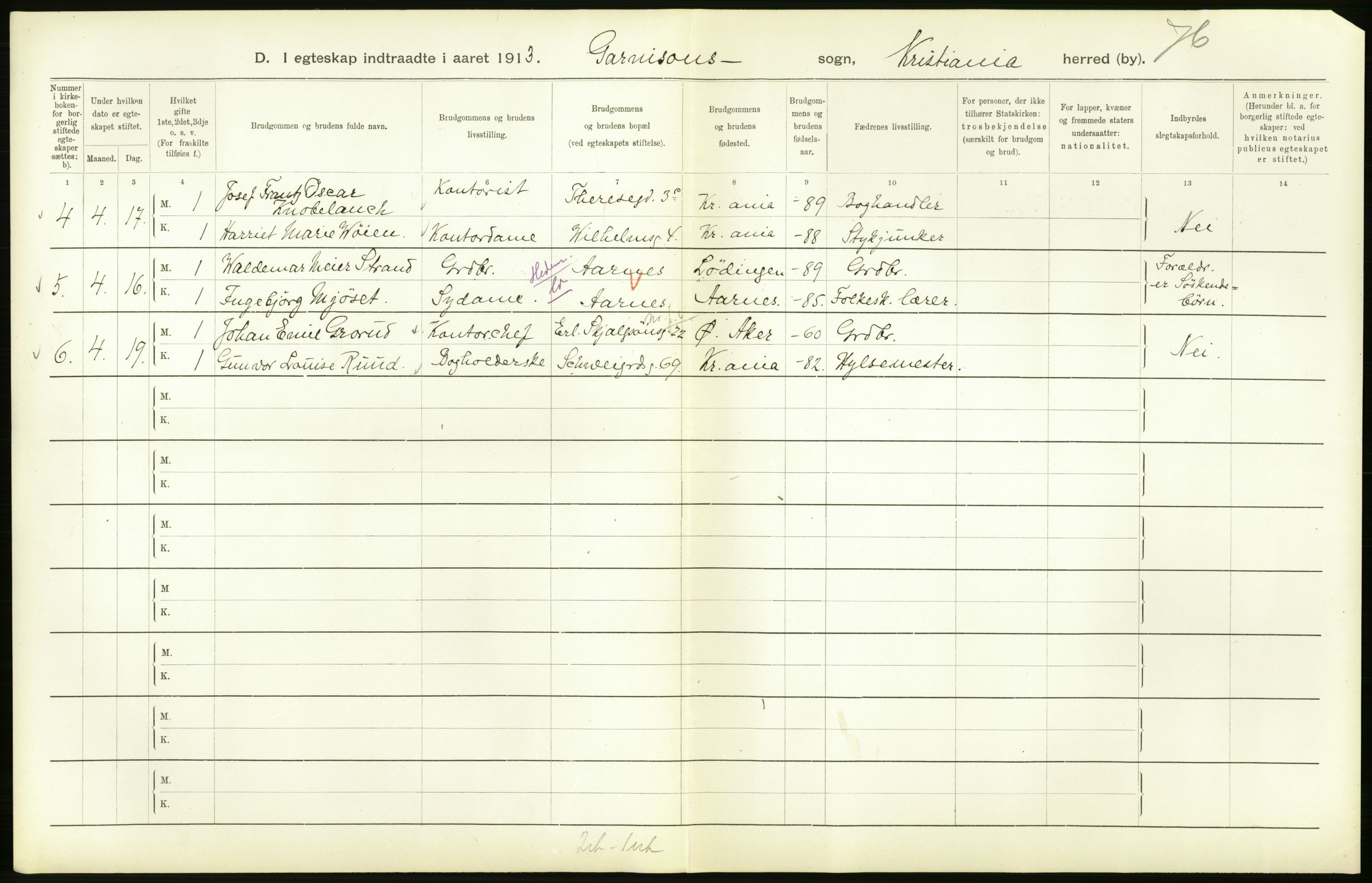 Statistisk sentralbyrå, Sosiodemografiske emner, Befolkning, AV/RA-S-2228/D/Df/Dfb/Dfbc/L0008: Kristiania: Gifte., 1913, p. 182