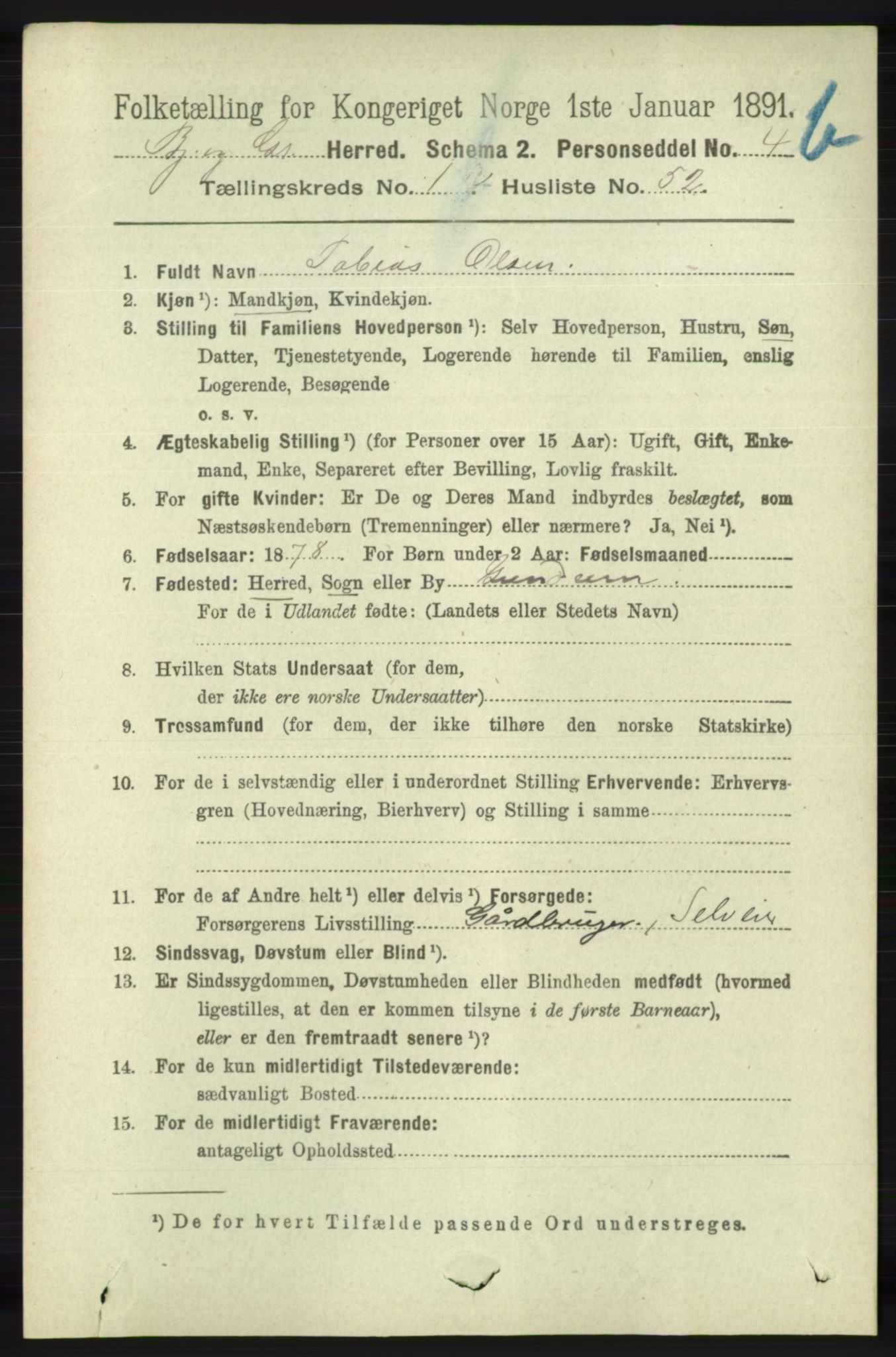 RA, 1891 census for 1024 Bjelland og Grindheim, 1891, p. 1067