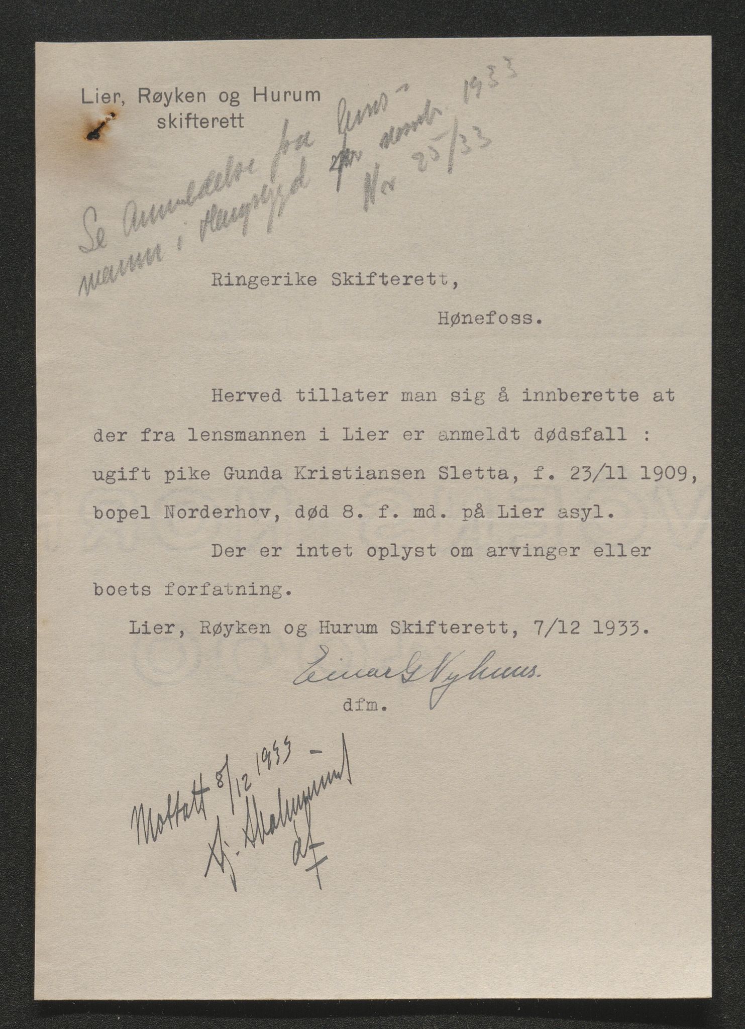 Ringerike sorenskriveri, AV/SAKO-A-105/H/Ha/Hab/L0017: Dødsfallslister Haugsbygd, 1931-1940