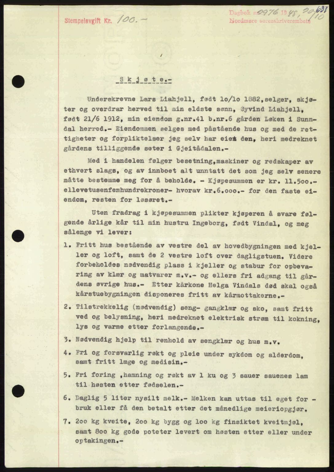 Nordmøre sorenskriveri, AV/SAT-A-4132/1/2/2Ca: Mortgage book no. A109, 1948-1948, Diary no: : 2976/1948