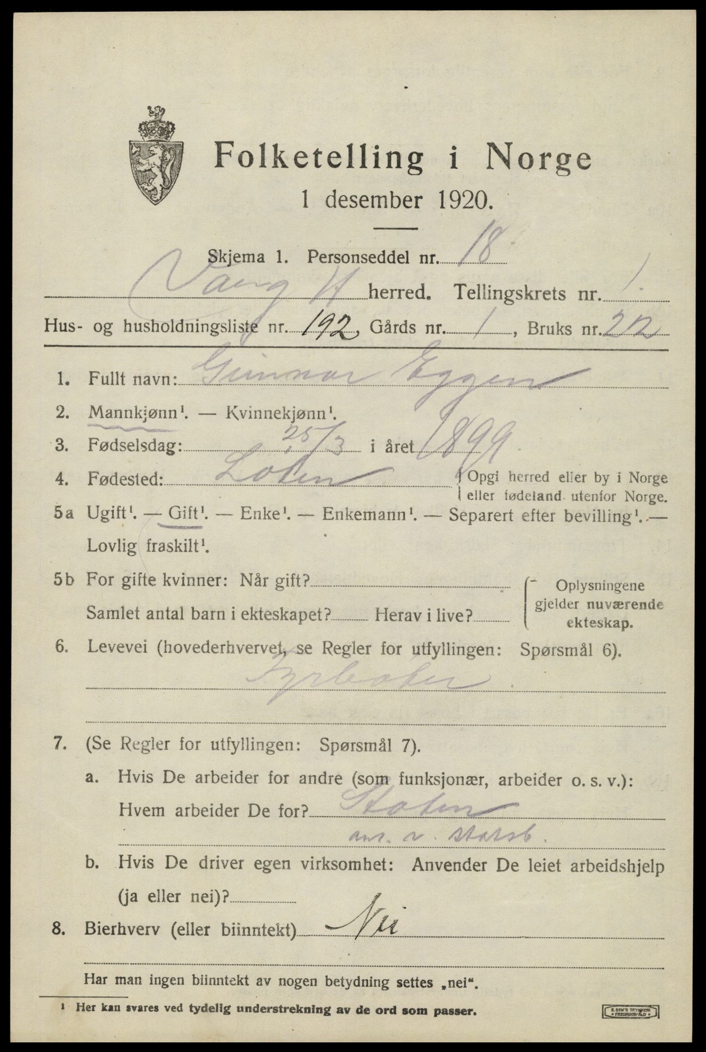 SAH, 1920 census for Vang (Hedmark), 1920, p. 5733