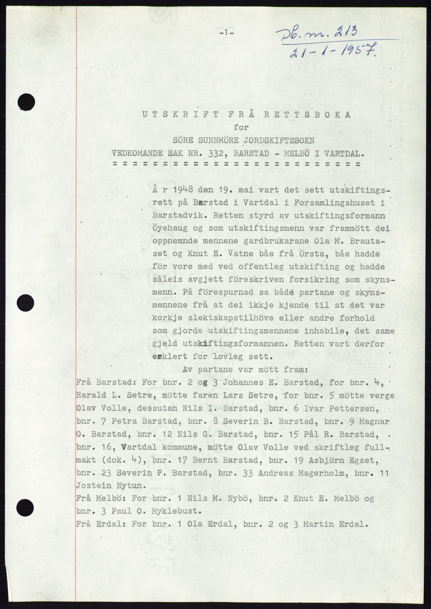 Søre Sunnmøre sorenskriveri, AV/SAT-A-4122/1/2/2C/L0105: Mortgage book no. 31A, 1956-1957, Diary no: : 213/1957