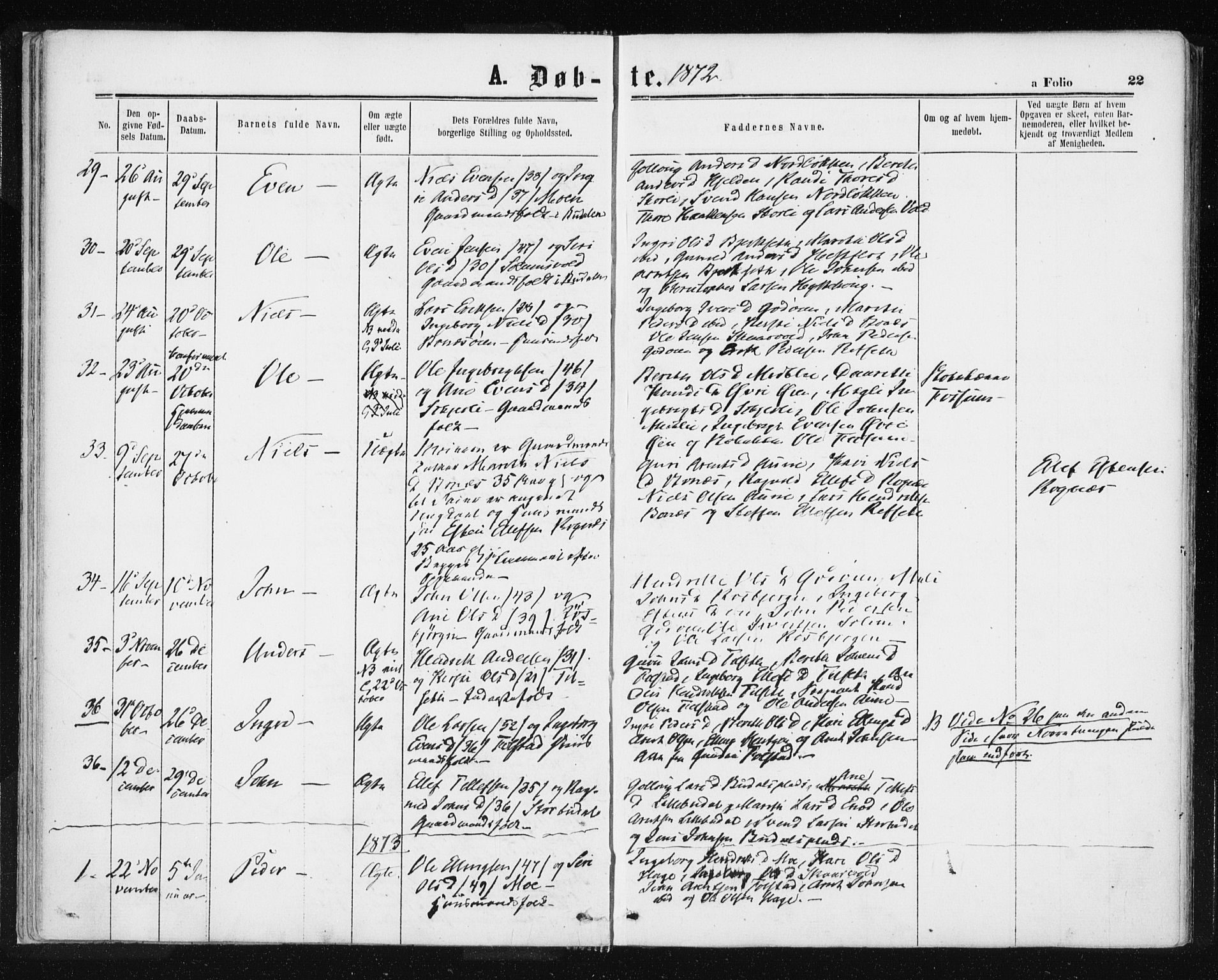 Ministerialprotokoller, klokkerbøker og fødselsregistre - Sør-Trøndelag, SAT/A-1456/687/L1001: Parish register (official) no. 687A07, 1863-1878, p. 22
