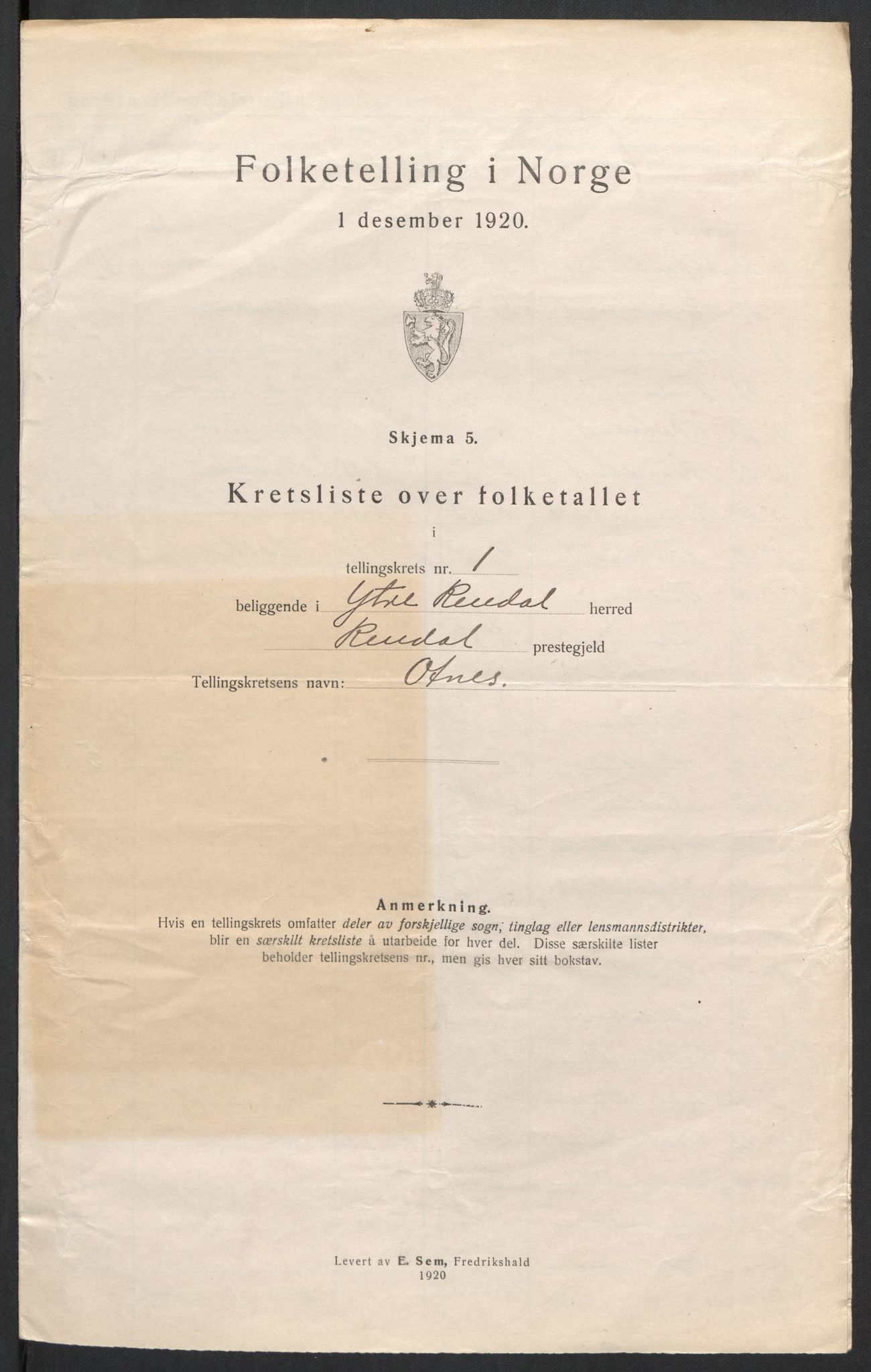 SAH, 1920 census for Ytre Rendal, 1920, p. 13