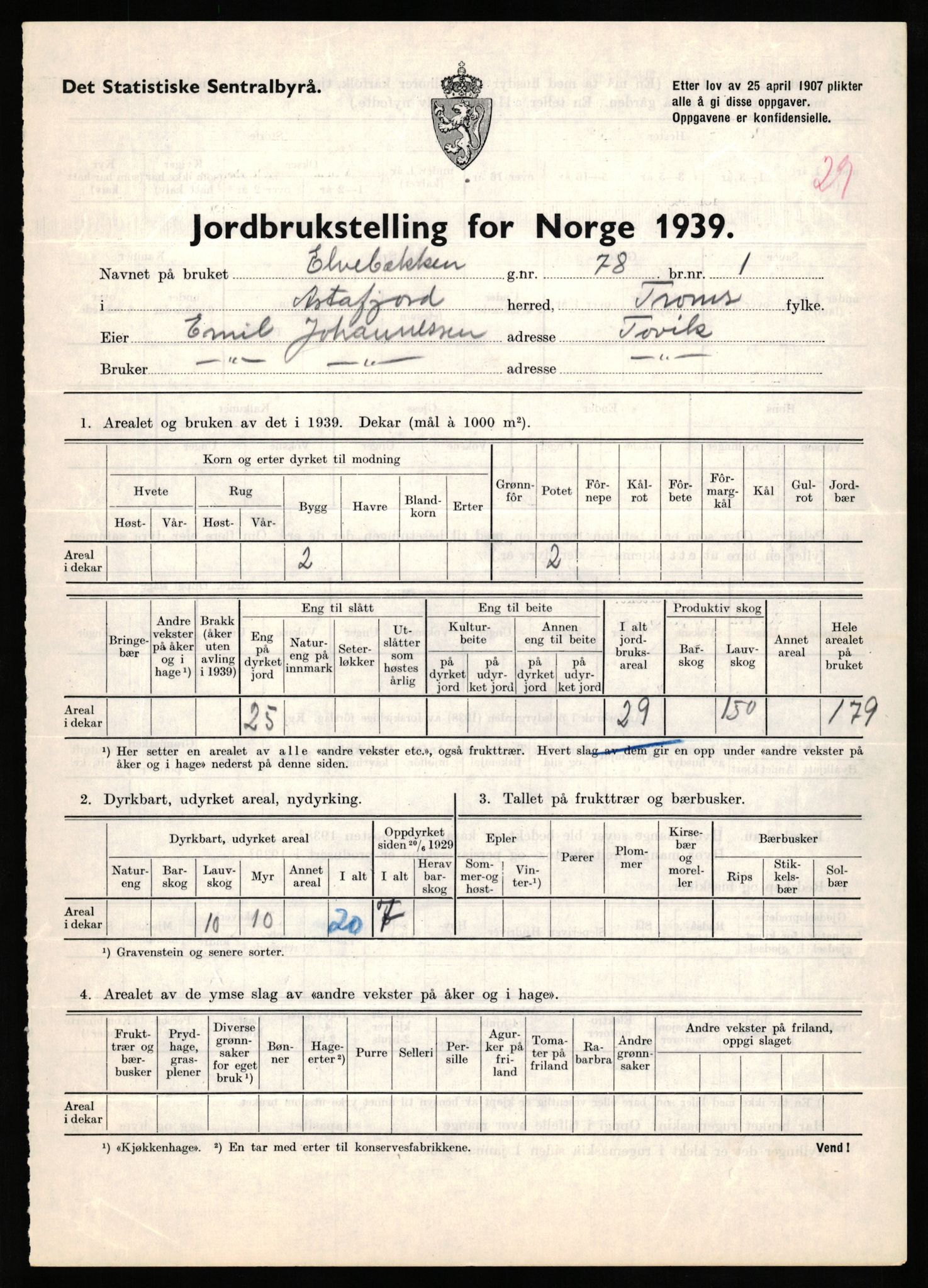 Statistisk sentralbyrå, Næringsøkonomiske emner, Jordbruk, skogbruk, jakt, fiske og fangst, AV/RA-S-2234/G/Gb/L0339: Troms: Andørja, Astafjord og Lavangen, 1939, p. 289