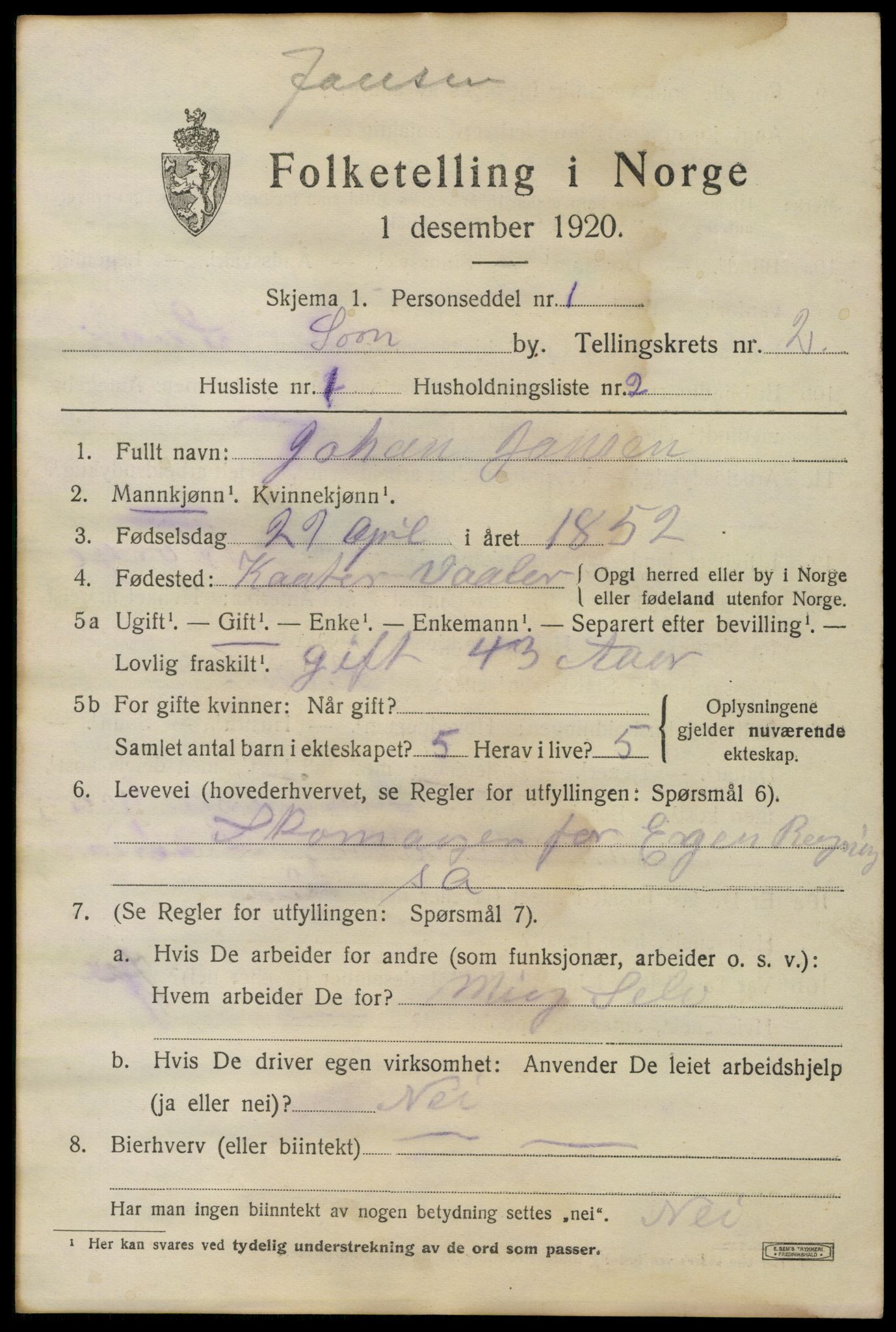 SAO, 1920 census for Son, 1920, p. 1132