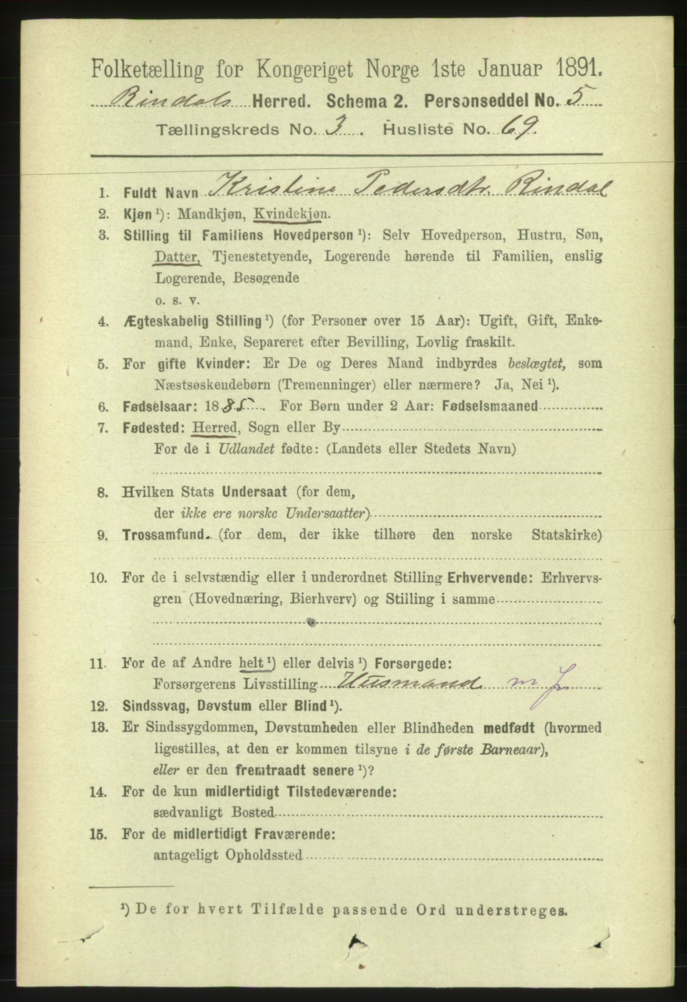 RA, 1891 census for 1567 Rindal, 1891, p. 1143