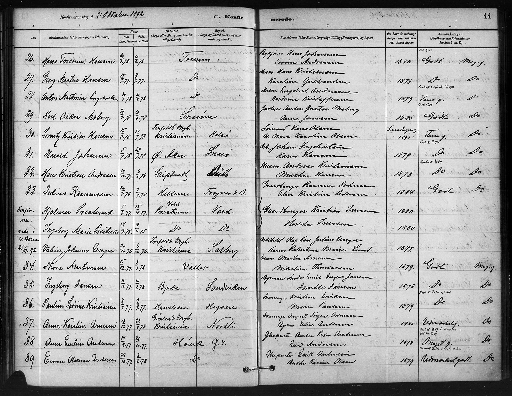 Asker prestekontor Kirkebøker, AV/SAO-A-10256a/F/Fc/L0002: Parish register (official) no. III 2, 1879-1904, p. 44