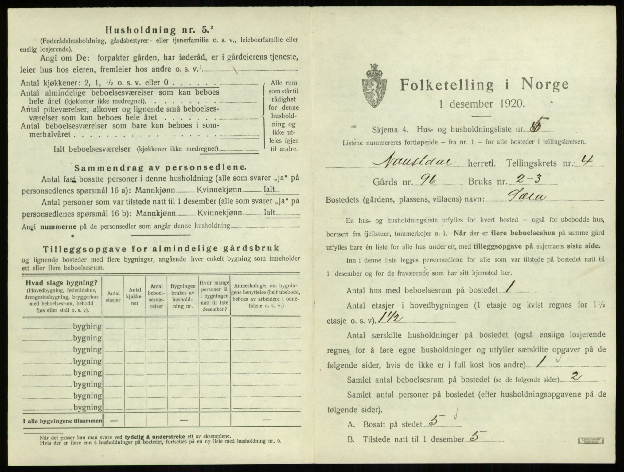 SAB, 1920 census for Naustdal, 1920, p. 254
