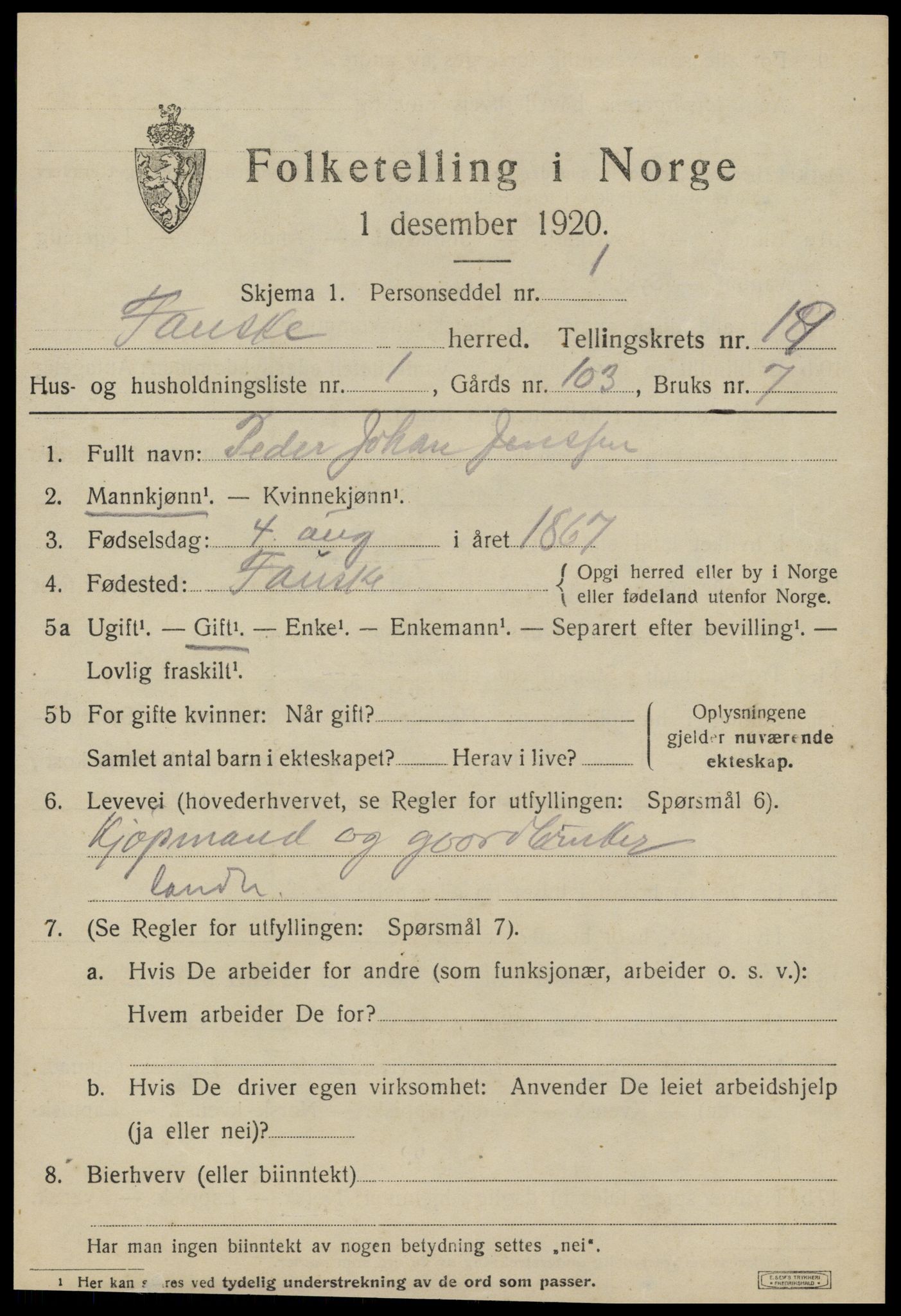 SAT, 1920 census for Fauske, 1920, p. 11394