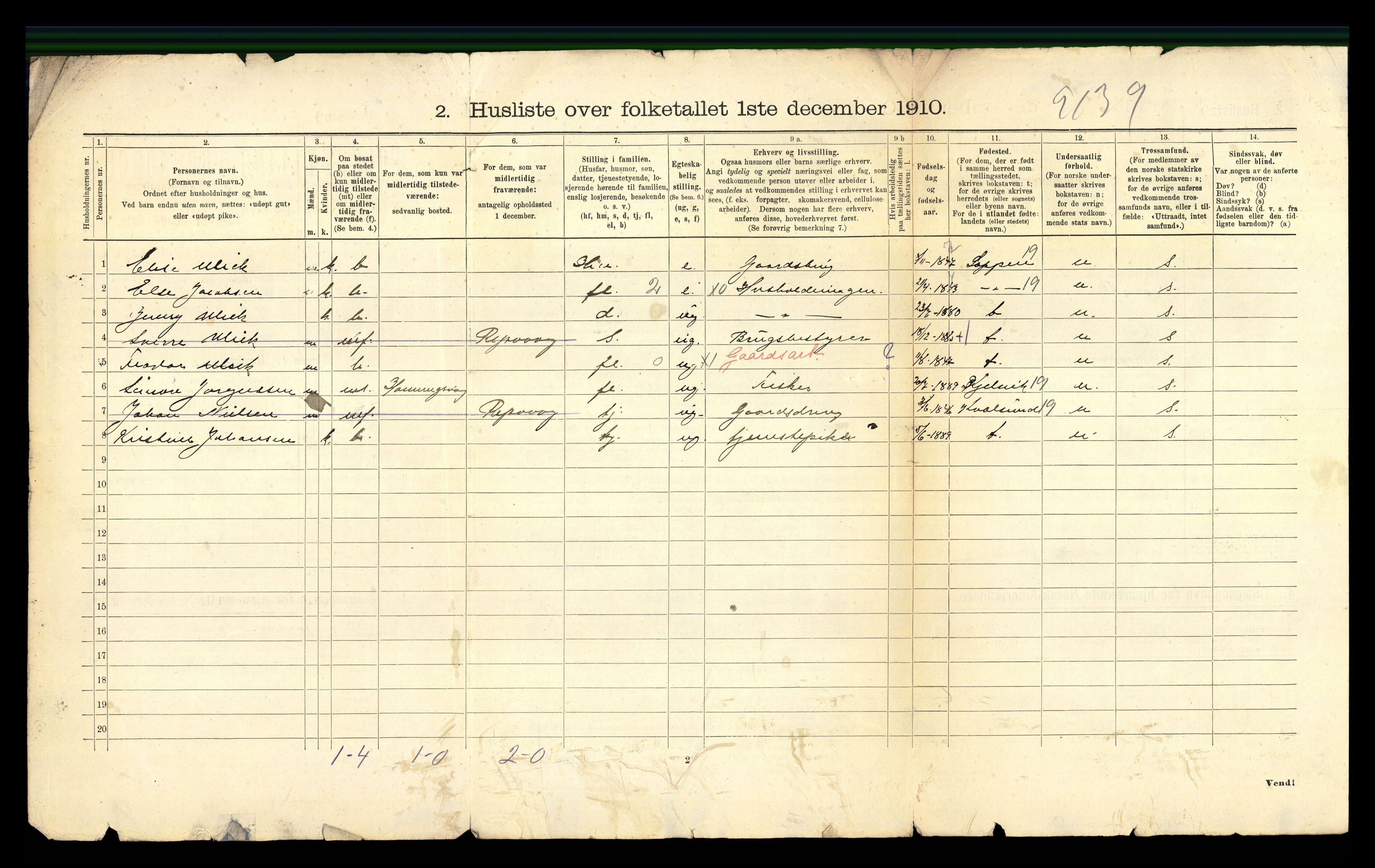 RA, 1910 census for Kistrand, 1910, p. 26