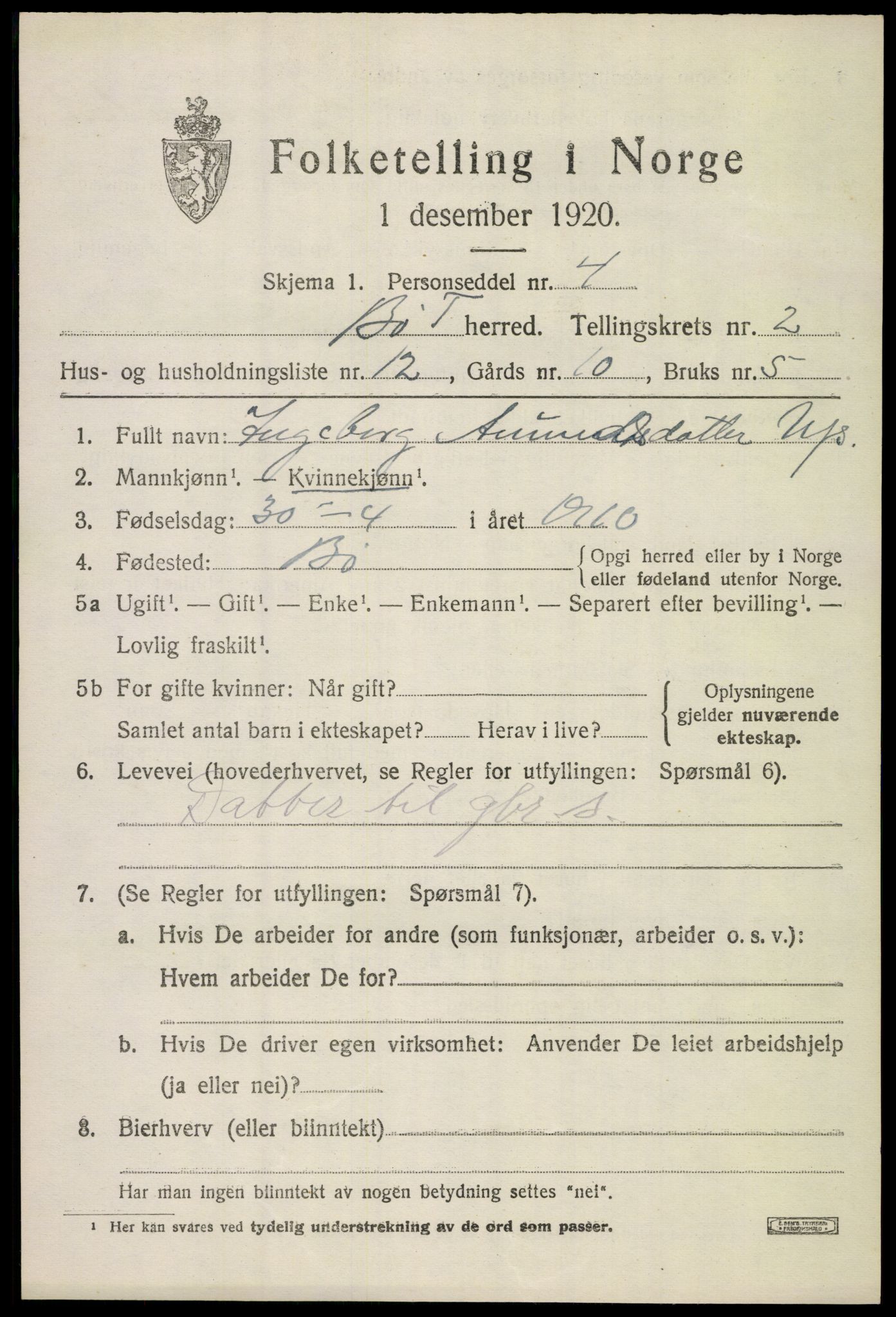 SAKO, 1920 census for Bø (Telemark), 1920, p. 1856