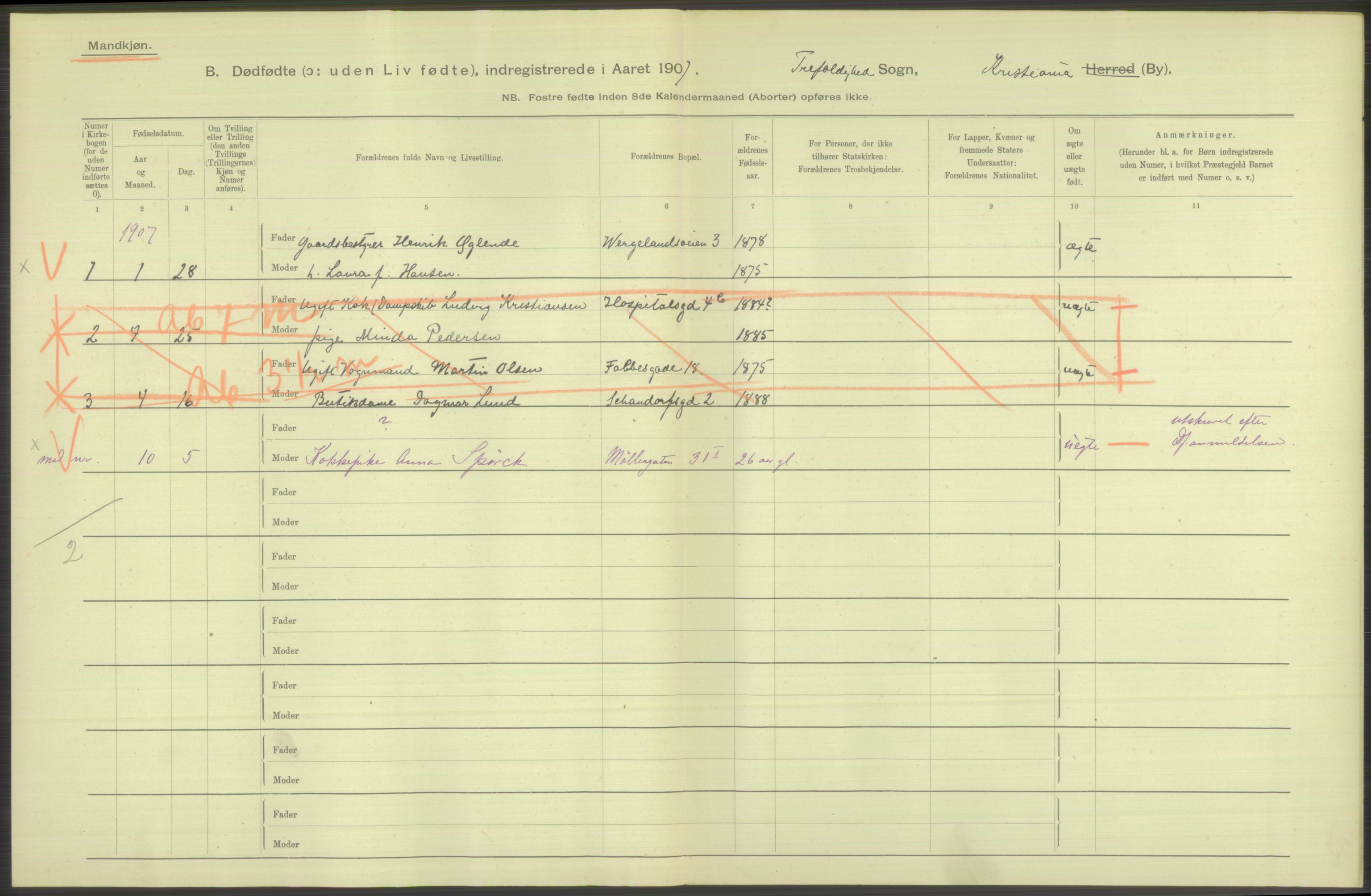 Statistisk sentralbyrå, Sosiodemografiske emner, Befolkning, RA/S-2228/D/Df/Dfa/Dfae/L0010: Kristiania: Døde, dødfødte, 1907, p. 46