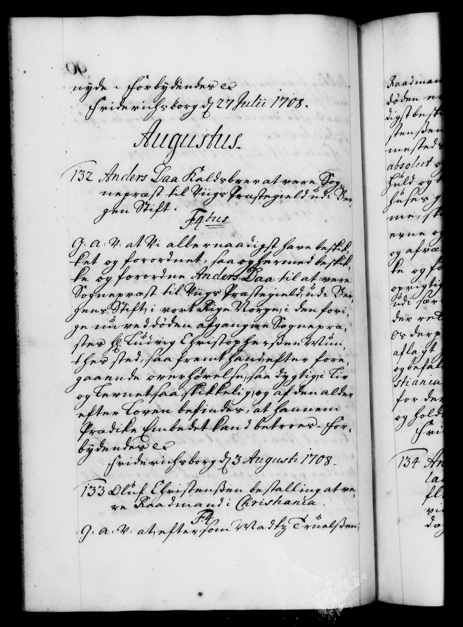 Danske Kanselli 1572-1799, AV/RA-EA-3023/F/Fc/Fca/Fcaa/L0020: Norske registre, 1708-1711, p. 96b