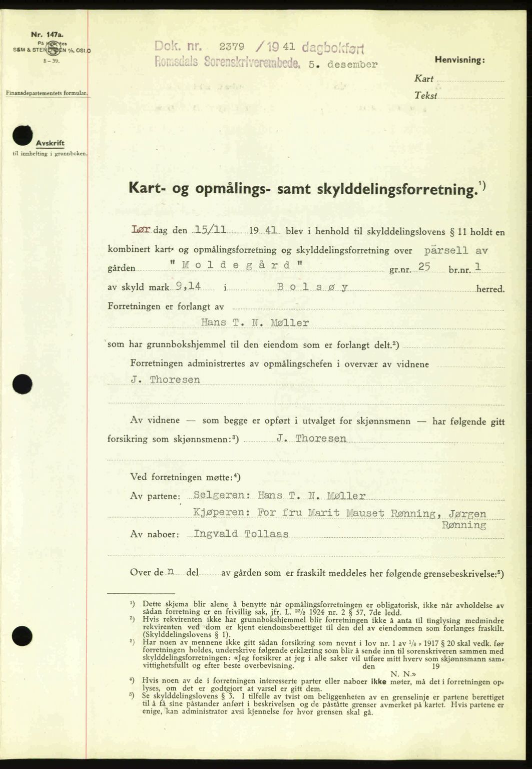 Romsdal sorenskriveri, AV/SAT-A-4149/1/2/2C: Mortgage book no. A11, 1941-1942, Diary no: : 2379/1941