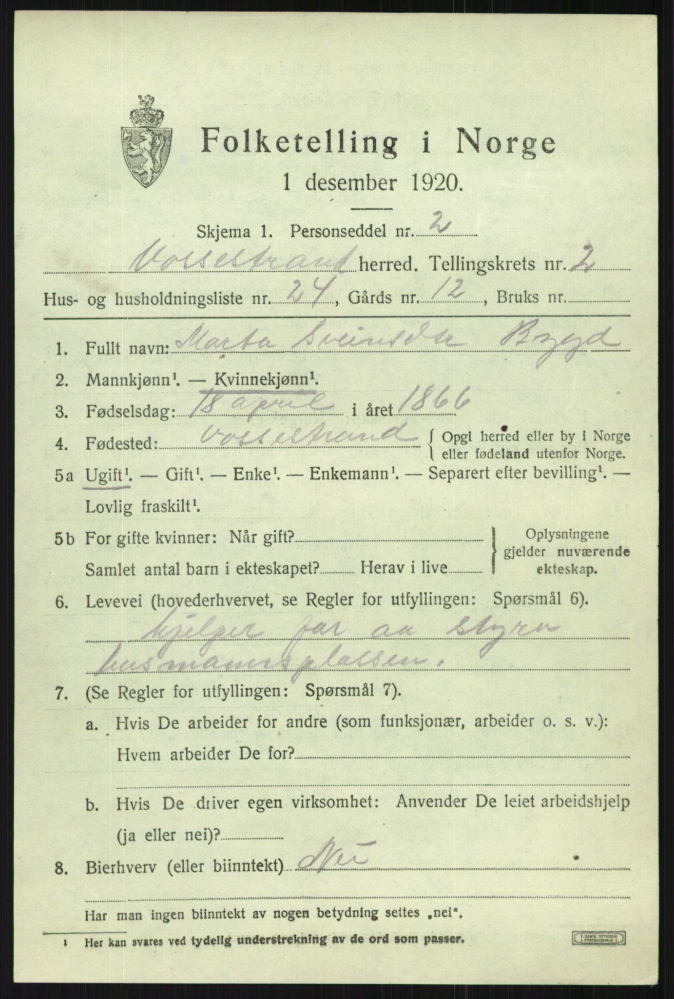 SAB, 1920 census for Vossestrand, 1920, p. 1420